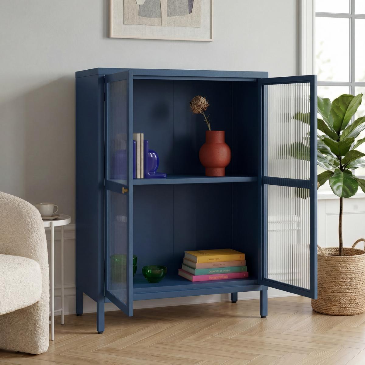 VITRINE Säkylä - Blau/Transparent, Glas/Metall (64/84/35cm) - [en.casa]
