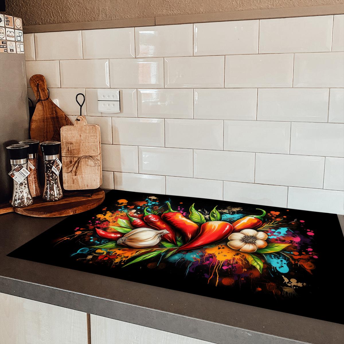 HERDABDECKPLATTE Gemüse - Paprika - Knoblauch - Graffiti - Farbe - Bunt Induktionsmatte 83x51 cm - Rot, Kunststoff (83/51.5/0.2cm) - MuchoWow