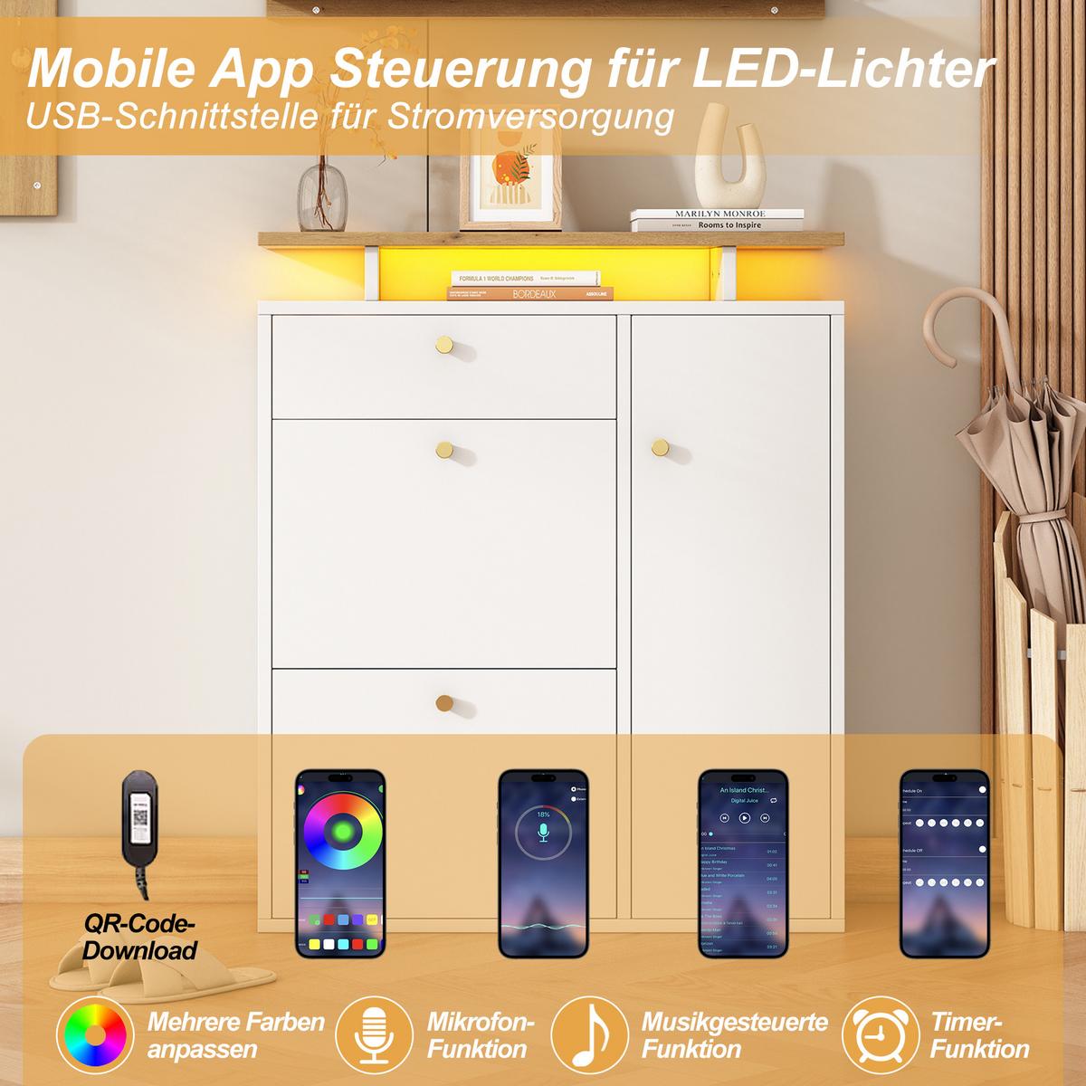 SCHUHSCHRANK set weiß led spiegel schuhschrank - Weiß, Holzwerkstoff (105/151.5/25cm) - Urban Meuble