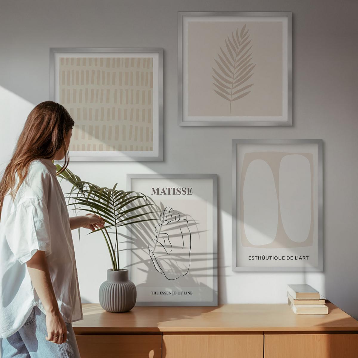 BILDER SET 4er Set - 50x50 cm & 40x60 cm Silberner Rahmen - Linien, Formen, Beige, Weiß - Silberfarben, Kunststoff (50/50cm) - TULUP