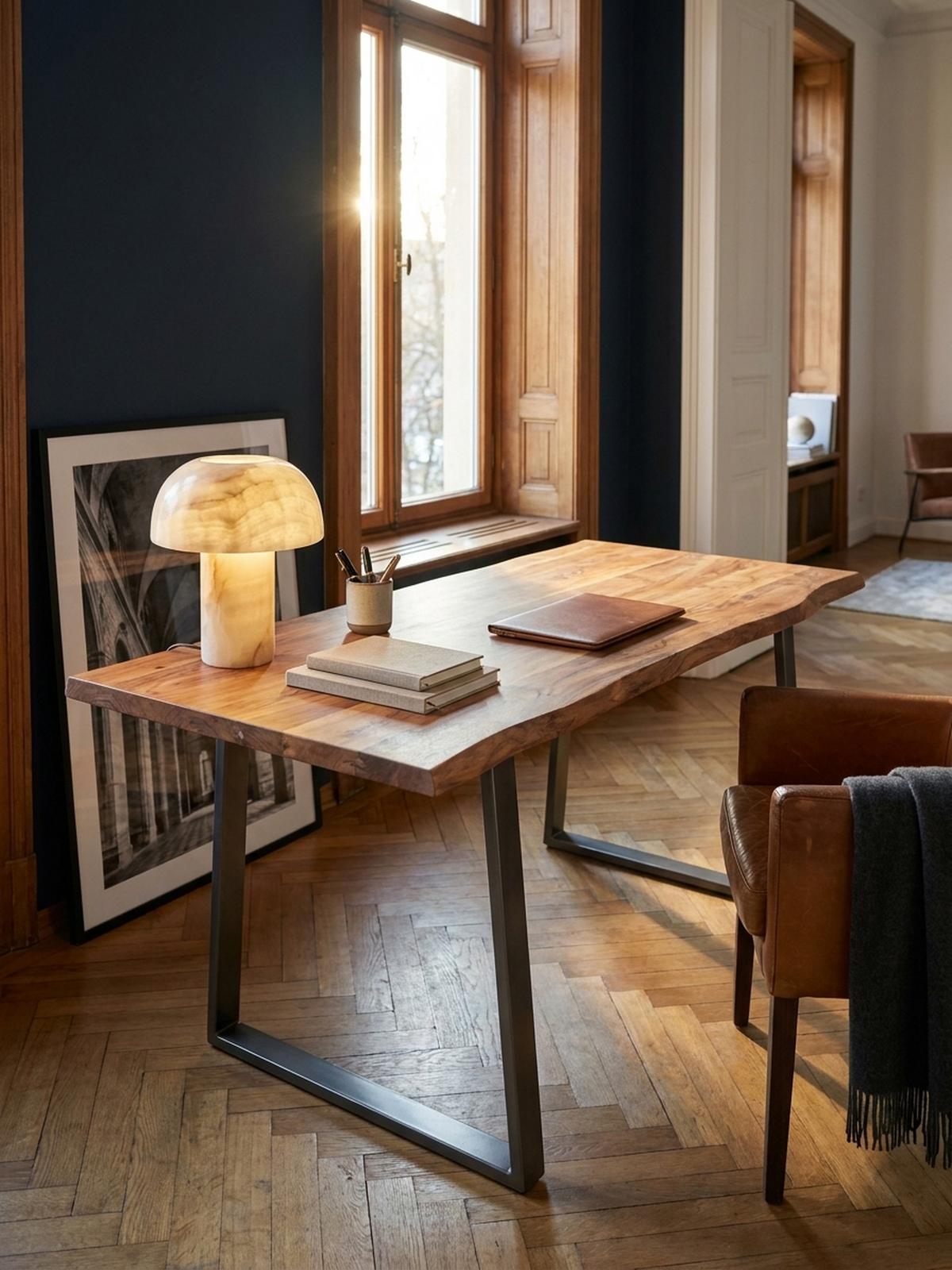 SCHREIBTISCH Massivholz Baumkante Chromgestell Handarbeit TARN, Goldbraun-Chrom 180x90x76 cm - Chromfarben/Braun, Holz/Metall (90/180/76cm) - KADIMA DESIGN