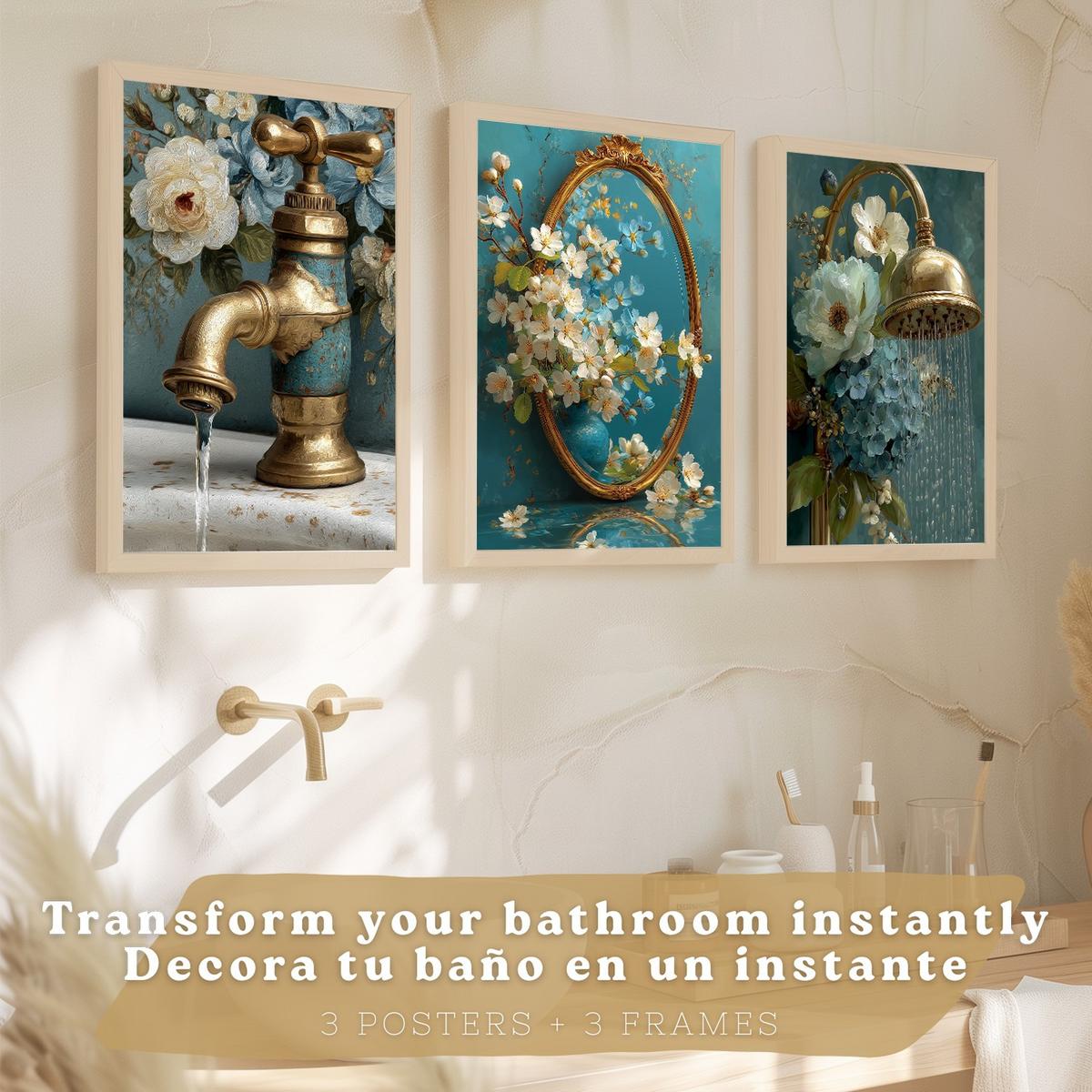 POSTER 3er-Set dekorative Badezimmer-Poster, elegante für Wand, Waschbecken, Dusche, mit Armatur, Spiegel und goldener Dusche Leichter Holzrahmen A3 - Beige, Papier (42/29.7/3cm) - Nacnic