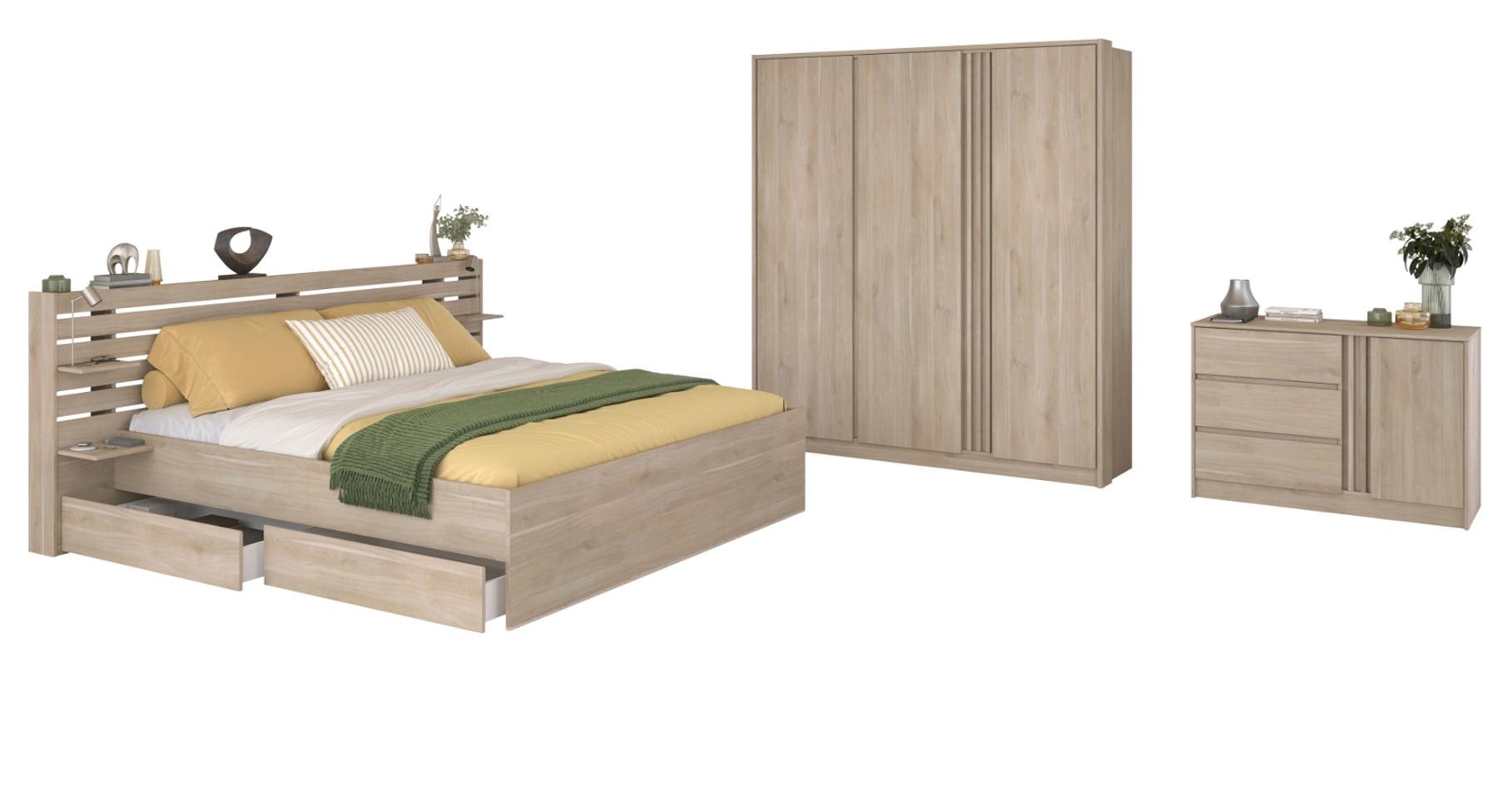JUGENDZIMMER 3-teilig, Eiche japanisch, Komplettset mit Bett 160 x 200, Kleiderschrank, Kommode - Eichefarben, Holzwerkstoff (185/203/217cm) - Parisot Meuble