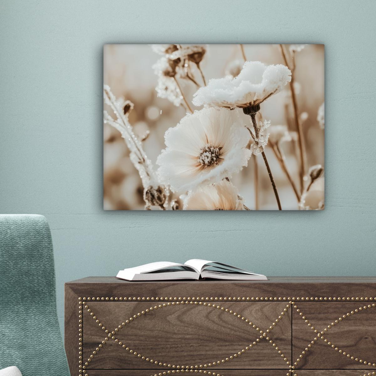 LEINWANDBILD Blumen - Winter - Weiß - Schnee - Beige Wandbild 40x30 cm - Creme, Textil (40/30cm) - MuchoWow