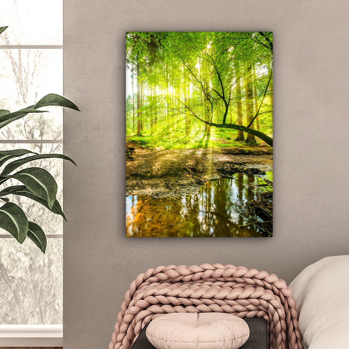 LEINWANDBILD Wald - Landschaft - Wasser - Bäume - Sonne - Grün - Natur Wandbild Wohnzimmer 60x80 cm - Grün, Textil (60/80cm) - MuchoWow