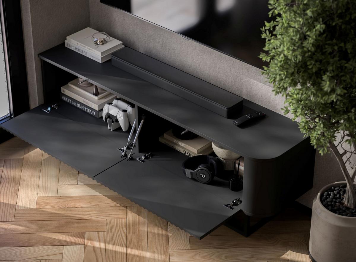 TV-LOWBOARD Aurora Schwarz matt 140 cm mit schwarzem Metallrahmen - Goldfarben/Schwarz, Holzwerkstoff/Metall (140/44/35cm) - Meble Lindner
