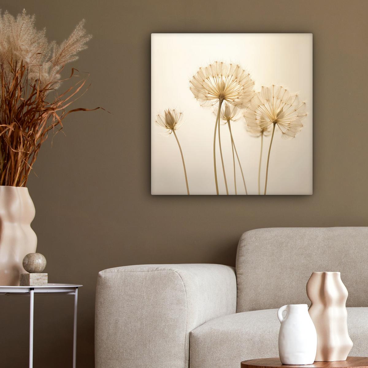 LEINWANDBILD Sonnenlicht - Löwenzahn - Botanisch - Blumen Wandbild Wohnzimmer 50x50 cm - Creme, Textil (50/50cm) - MuchoWow