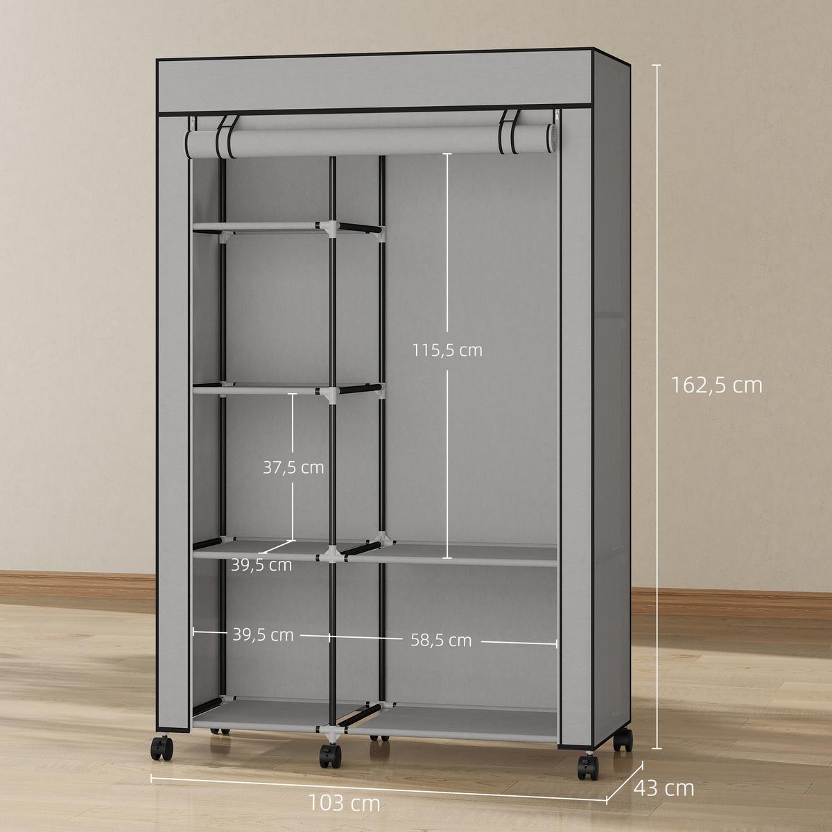 STOFFSCHRANK mit 2 Kleiderstangen, 6 Fächern Hellgrau - Hellgrau, Metall (43/162.5/103cm) - HOMCOM