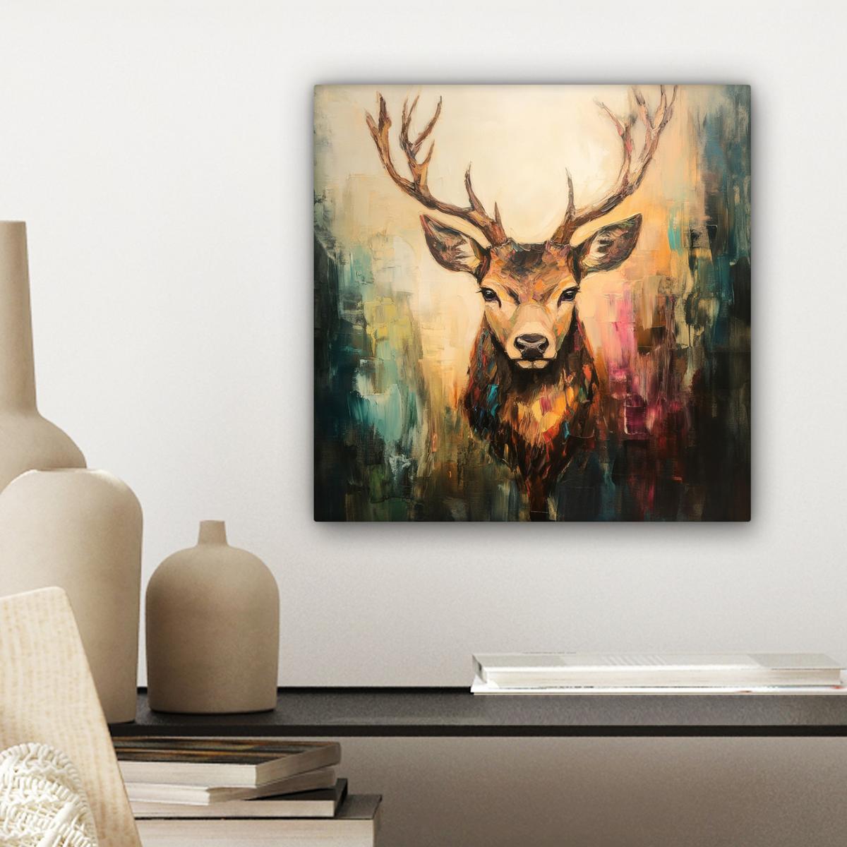 LEINWANDBILD Hirsch - Gemalt - Geweih - Braun Deko Wohnzimmer 20x20 cm - Haselnussfarben, Textil (20/20cm) - MuchoWow