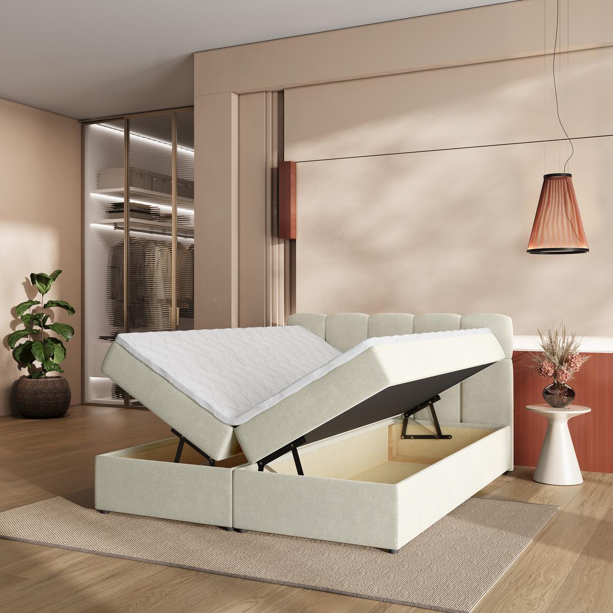 BOXBETT MERU 160x200 cm mit Matratze und Topper - Creme - Creme, Holz (160/200cm) - MASSENO