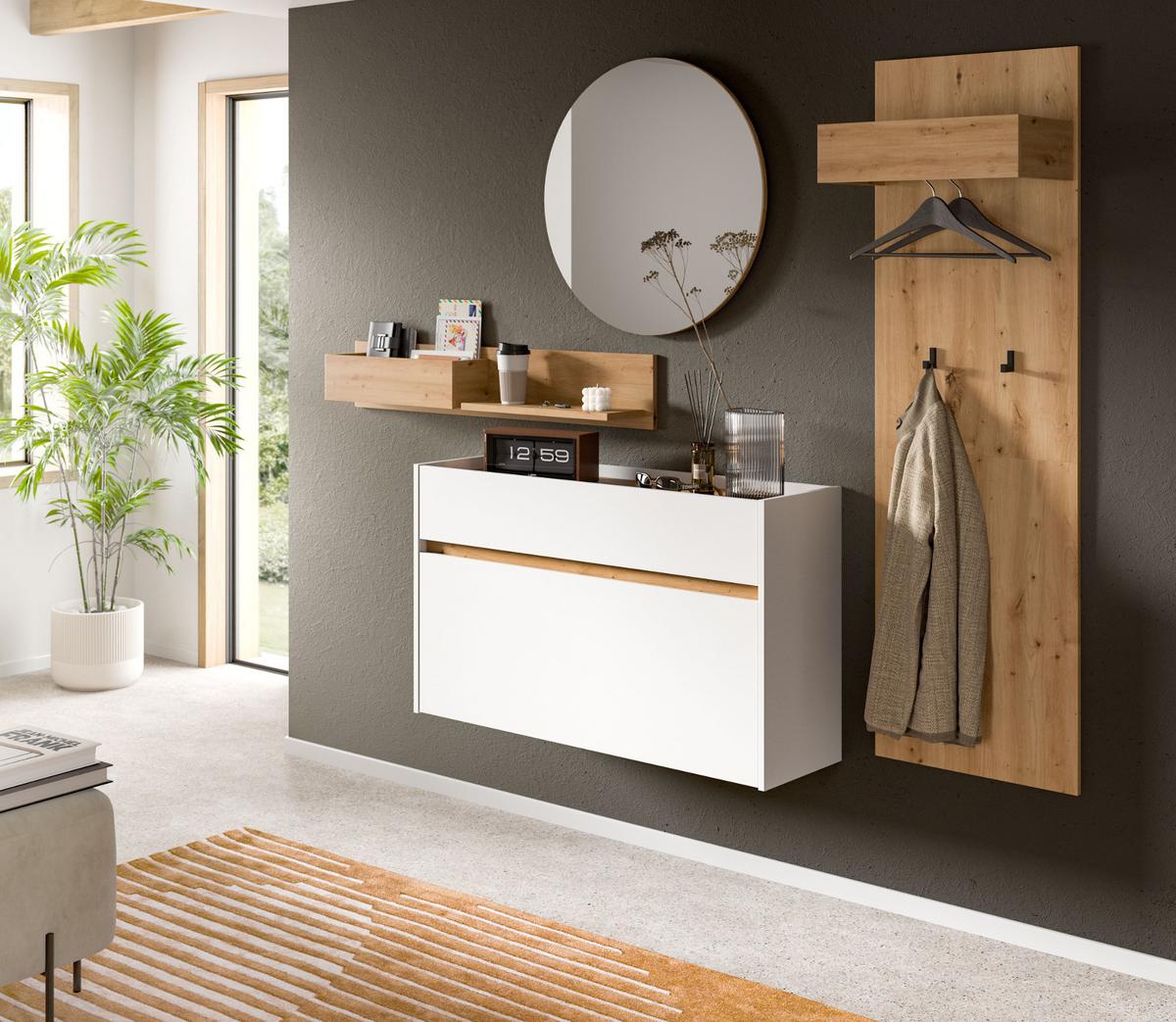 SCHUHKIPPER weiß und Eiche Artisan, Schuhschrank mit Schublade, hängend 110 x 61 cm - Weiß/Eiche Artisan, Holzwerkstoff (110/61/32cm) - Inn.Furn