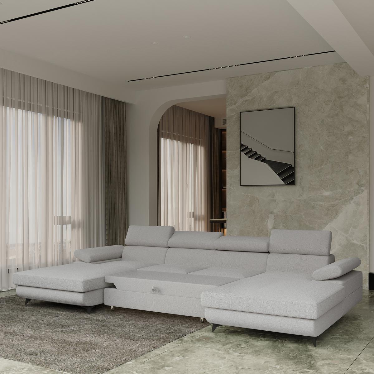 WOHNLANDSCHAFT DETTI Hellgrau Boucle-Stoff mit Schlaffunktion - Hellgrau, Holz (339/89/190cm) - MASSENO