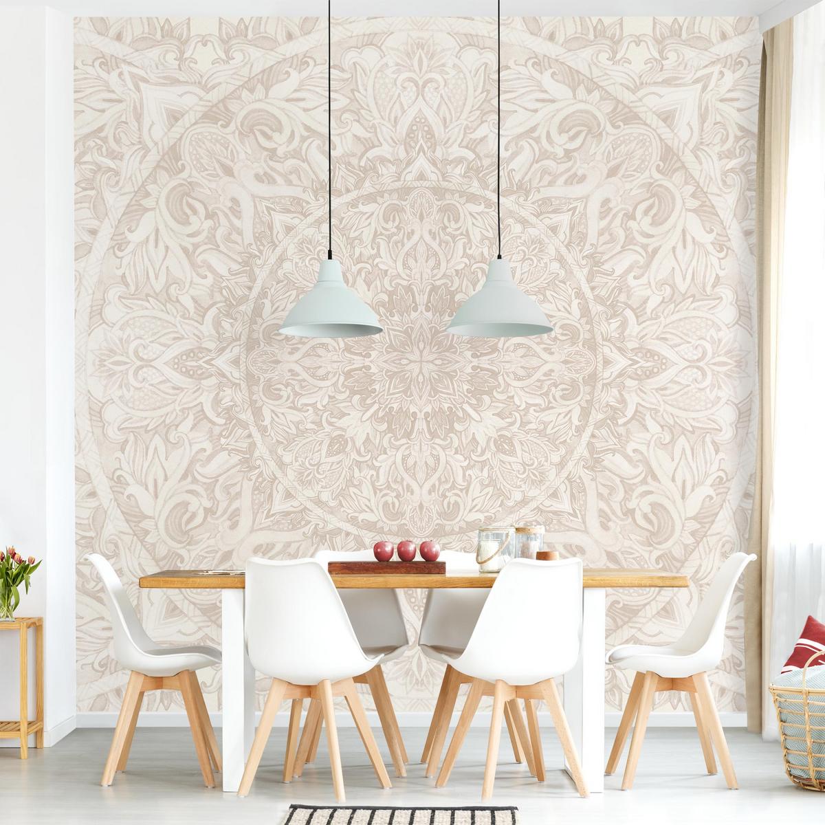 FOTOTAPETE Mandala Aquarell Muster Ornament beige 240/240 cm - Eichefarben, Papier (240/240cm) - Bilderwelten