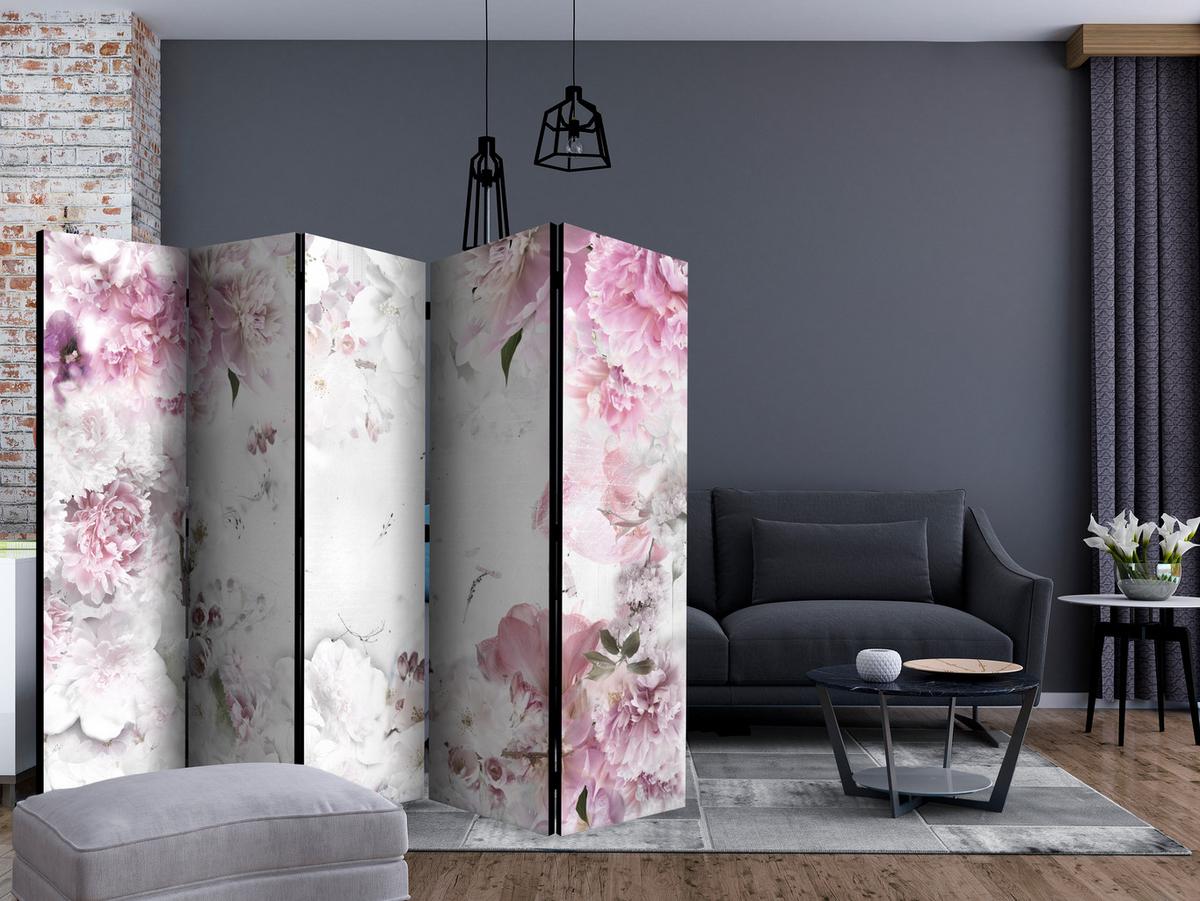 PARAVENT 5-tlg 225x172 cm Rosafarbene Pfingstrosen - Weiß, Holz/Textil (225/172/3cm) - Muralo