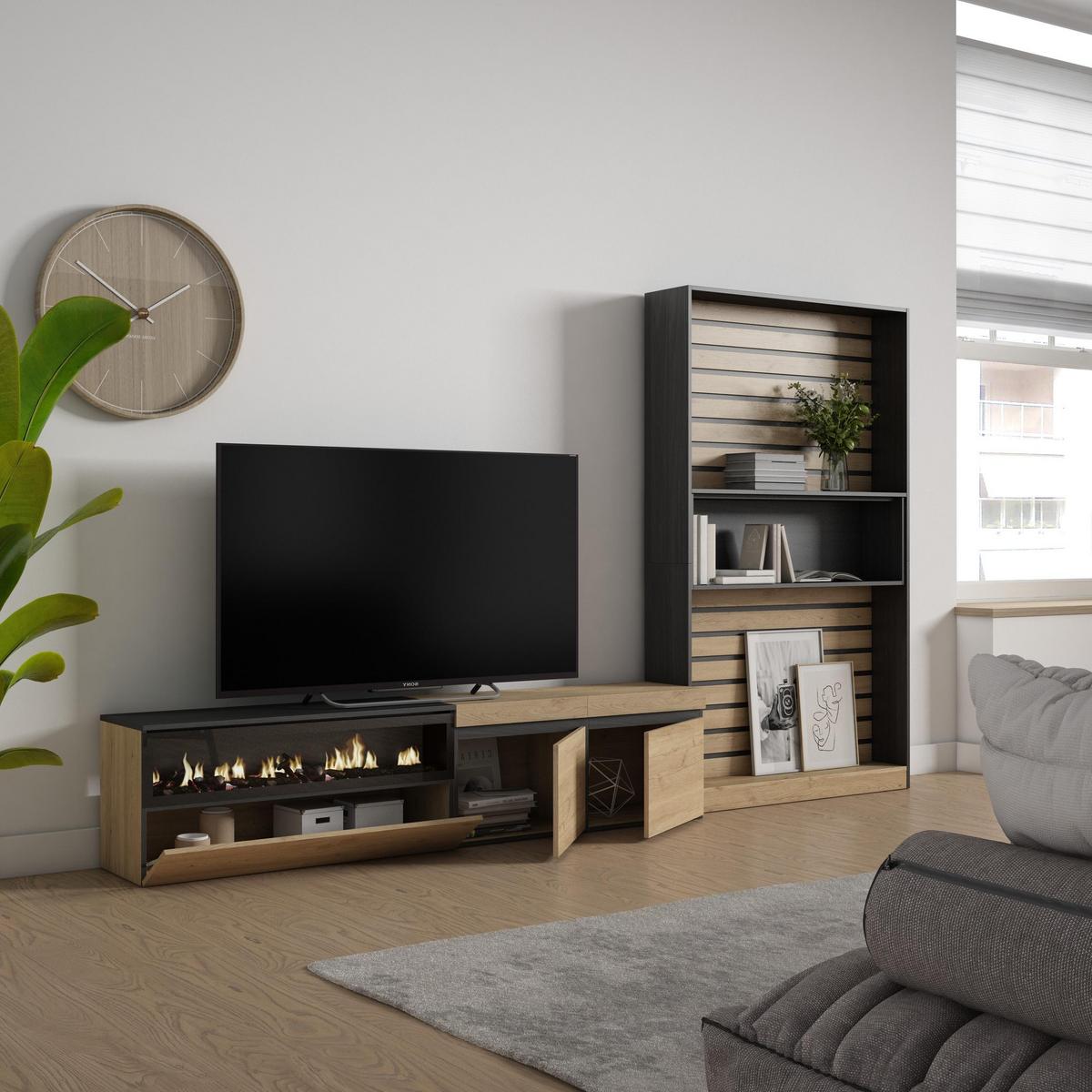 WOHNWAND Wohnzimmer, eiche, schwarz, Elektrokamin,, 310/35/186cm - Eichefarben/Beige, Holzwerkstoff (310/186/35cm) - Skraut Home