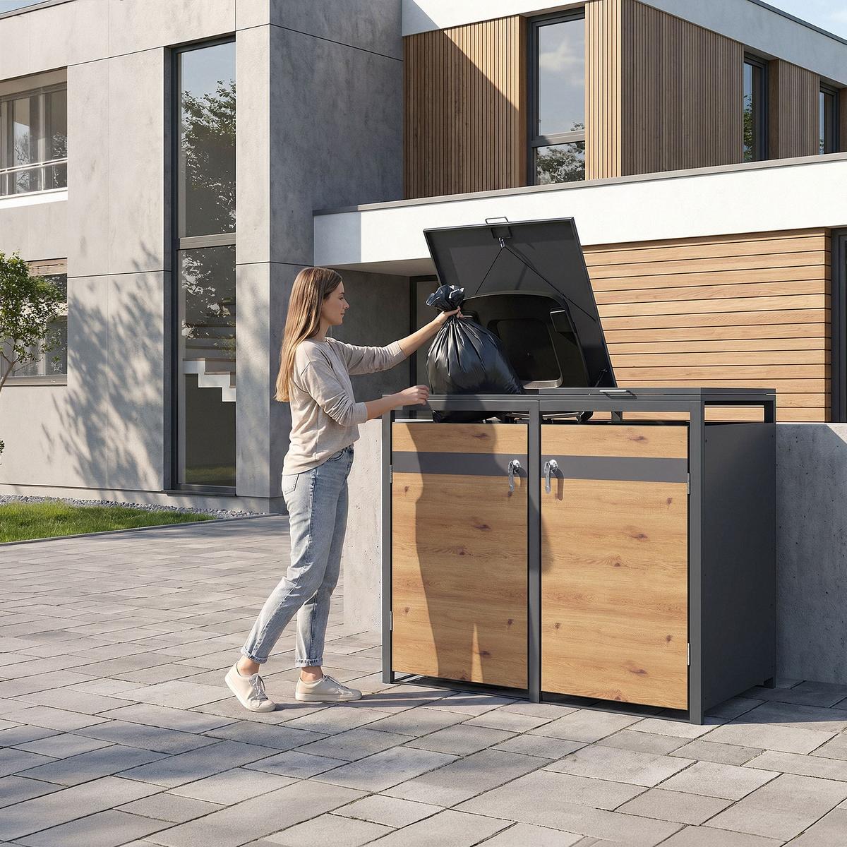 MÜLLTONNENBOX 4er Anthrazit-Holzoptik - Braun, Metall (264/120/80cm) - ML-DESIGN