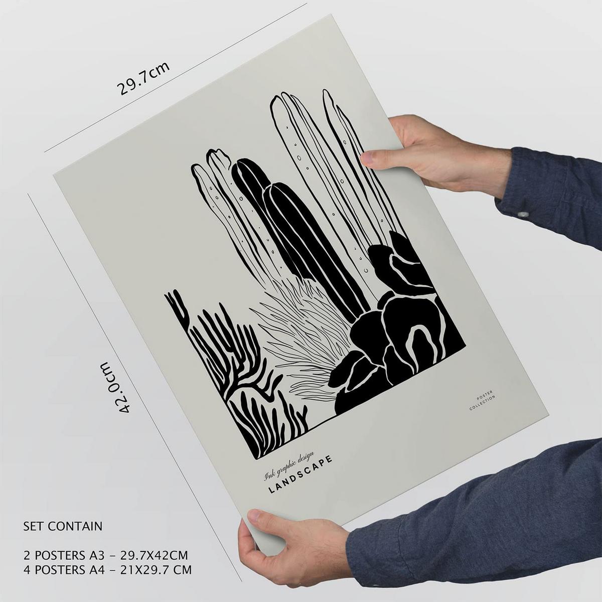 POSTER Set Mit 6 In Schwarzer Tinte Hinterhof Künstlerische Und Abstrakte Drucke Für Innenarchitektur A3 & A4 Schwarzer Rahmen - Schwarz, Papier (29/3cm) - Nacnic