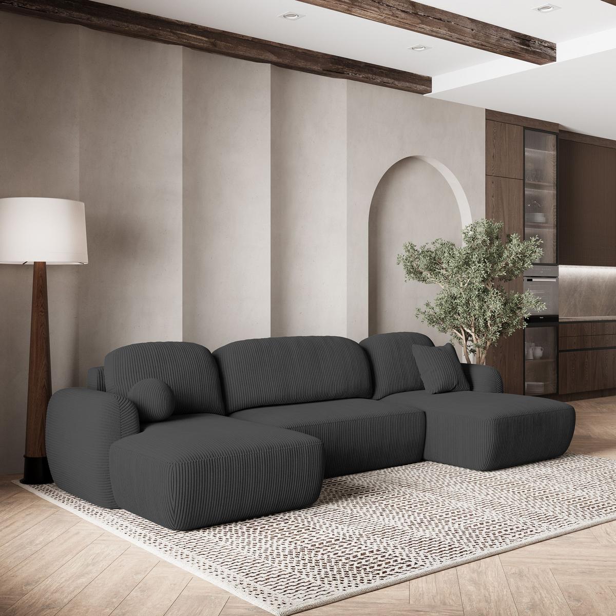WOHNLANDSCHAFT SAVONA P Graphitfarben Kordstoff mit Schlaffunktion - Graphitfarben/Schwarz, Holz/Kunststoff (320/90/148cm) - MASSENO
