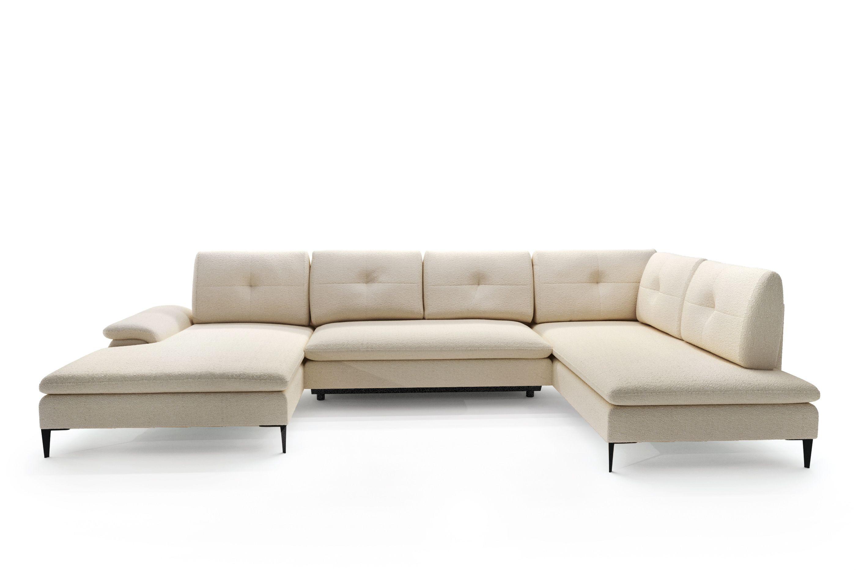 WOHNLANDSCHAFT BREZZA Beige Plüsch-Stoff mit Schlaffunktion - Beige, Holz (350/87/205cm) - MASSENO