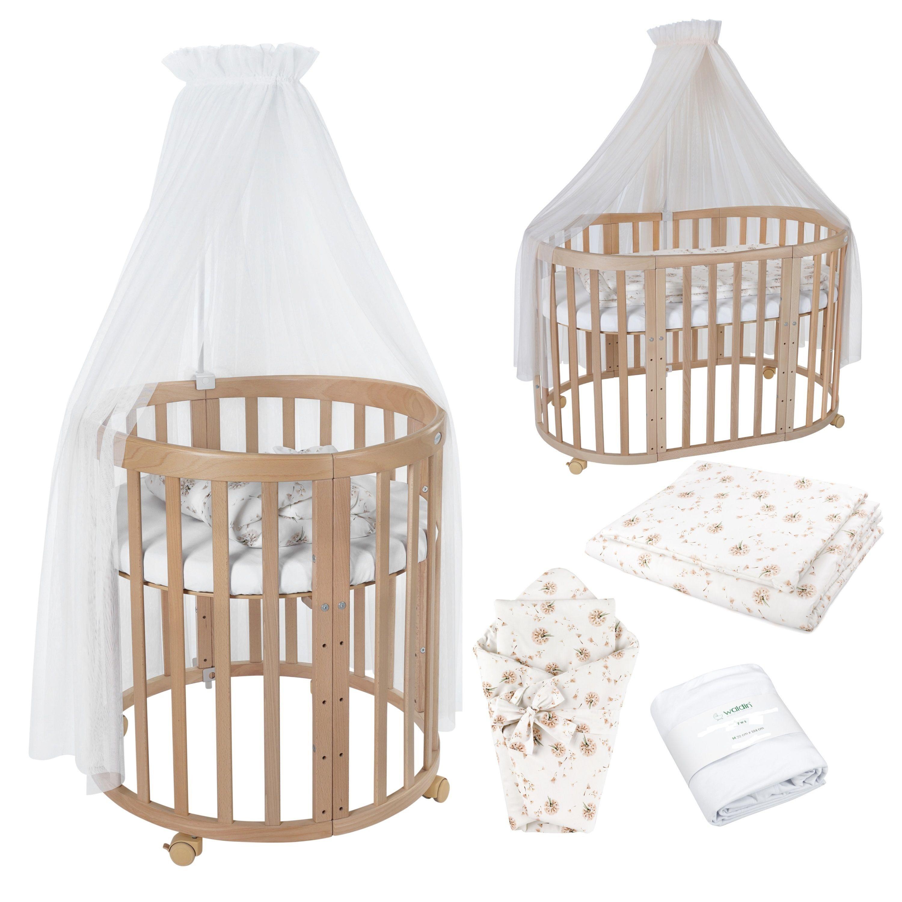 BABYBETT NATUR OVAL 7in1 mit Matratze und Himmelset - Naturfarben/Weiß, Holz/Textil (73/125cm) - waldin