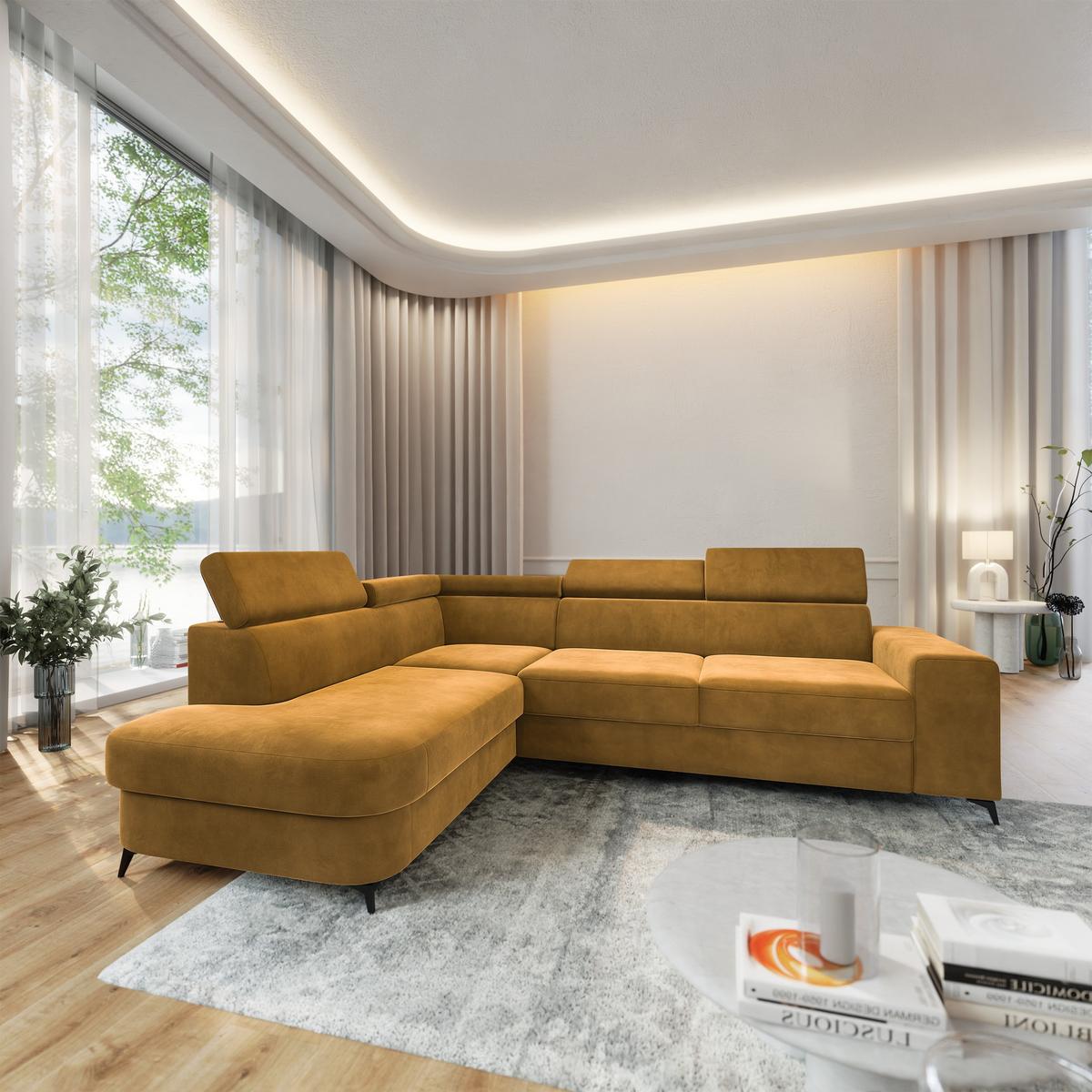 ECKSOFA ALVORO L-S Gelb Velours-Stoff mit Schlaffunktion - Gelb, Holz (253/190cm) - MASSENO