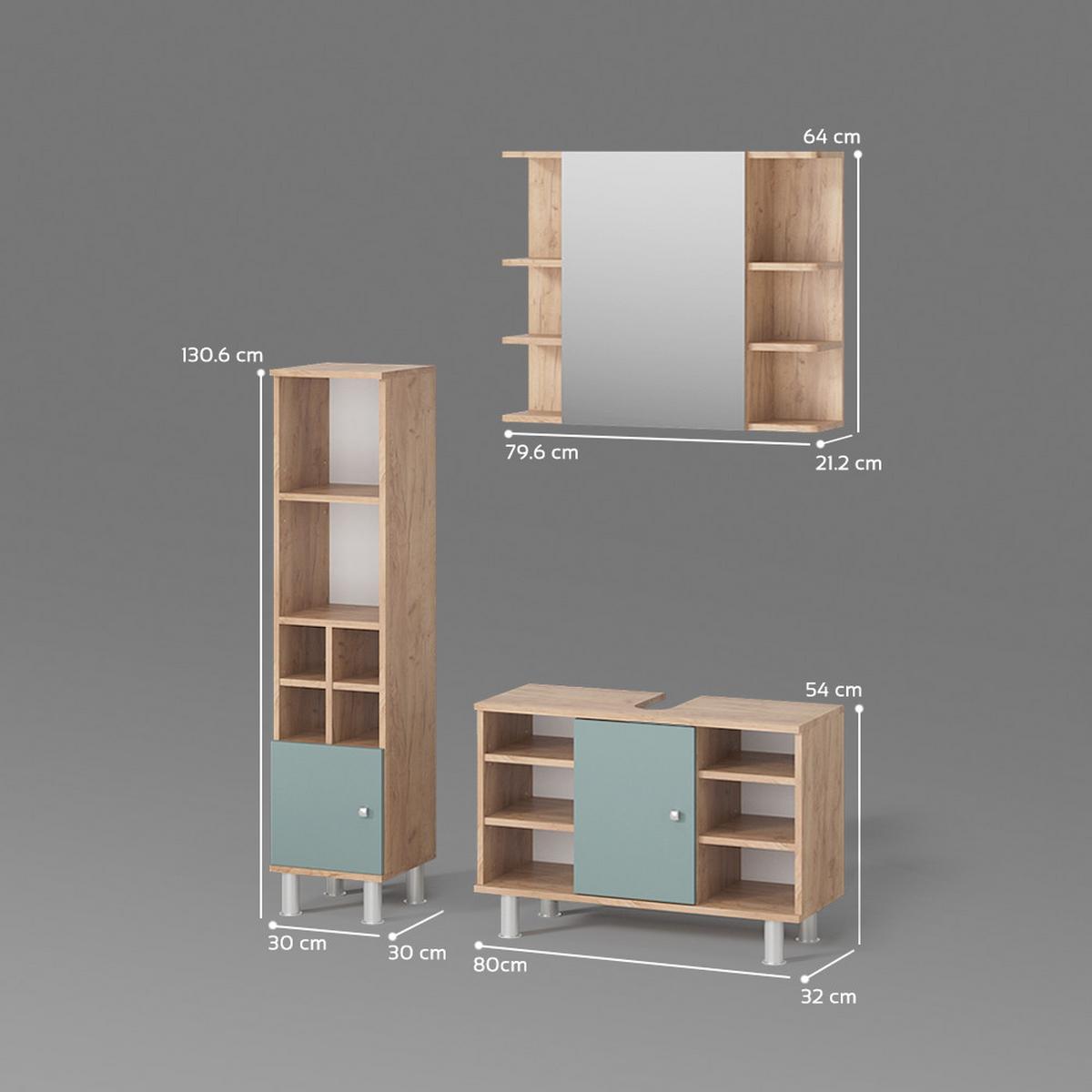 BADMÖBEL-SET Fucino Grün 3 Teile, mit Midischrank Tür klein - Grün, Holzwerkstoff (80/54/32cm) - Livinity®