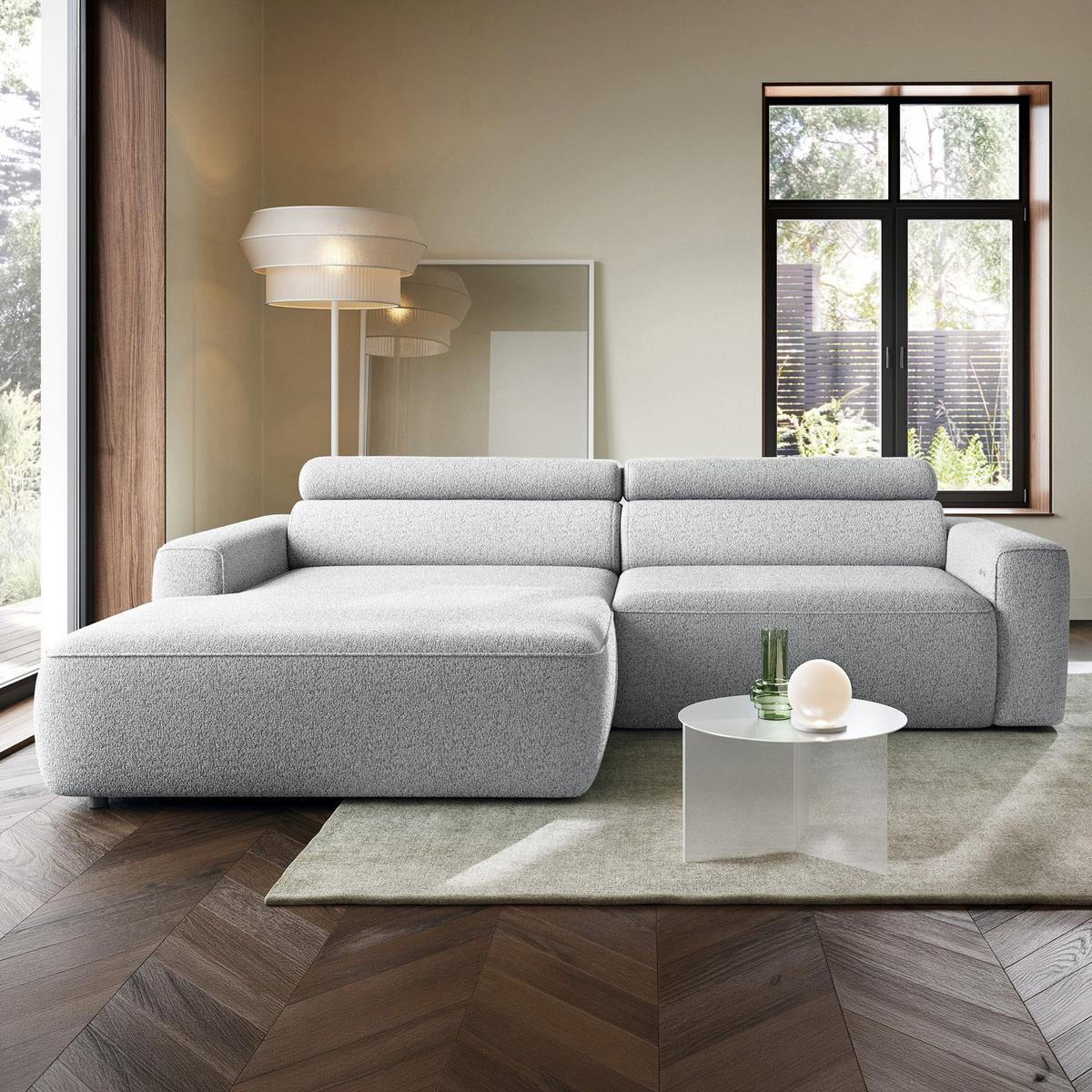ECKSOFA Fando mit Schlaffunktion, L-Form, 4-Sitzer 252 cm, links Flechtstoff Hellgrau - Hellgrau/Schwarz, Kunststoff/Textil (252/182cm) - Selsey