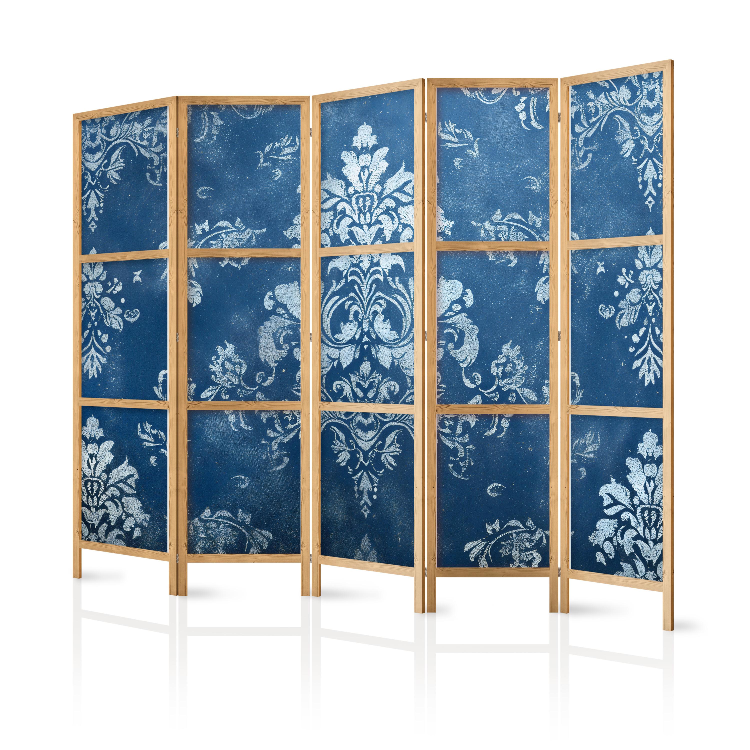 PARAVENT Japanischer 5-tlg 225x172 cm Vintage Ornamente - Blau, Holz/Textil (225/172/3cm) - Muralo