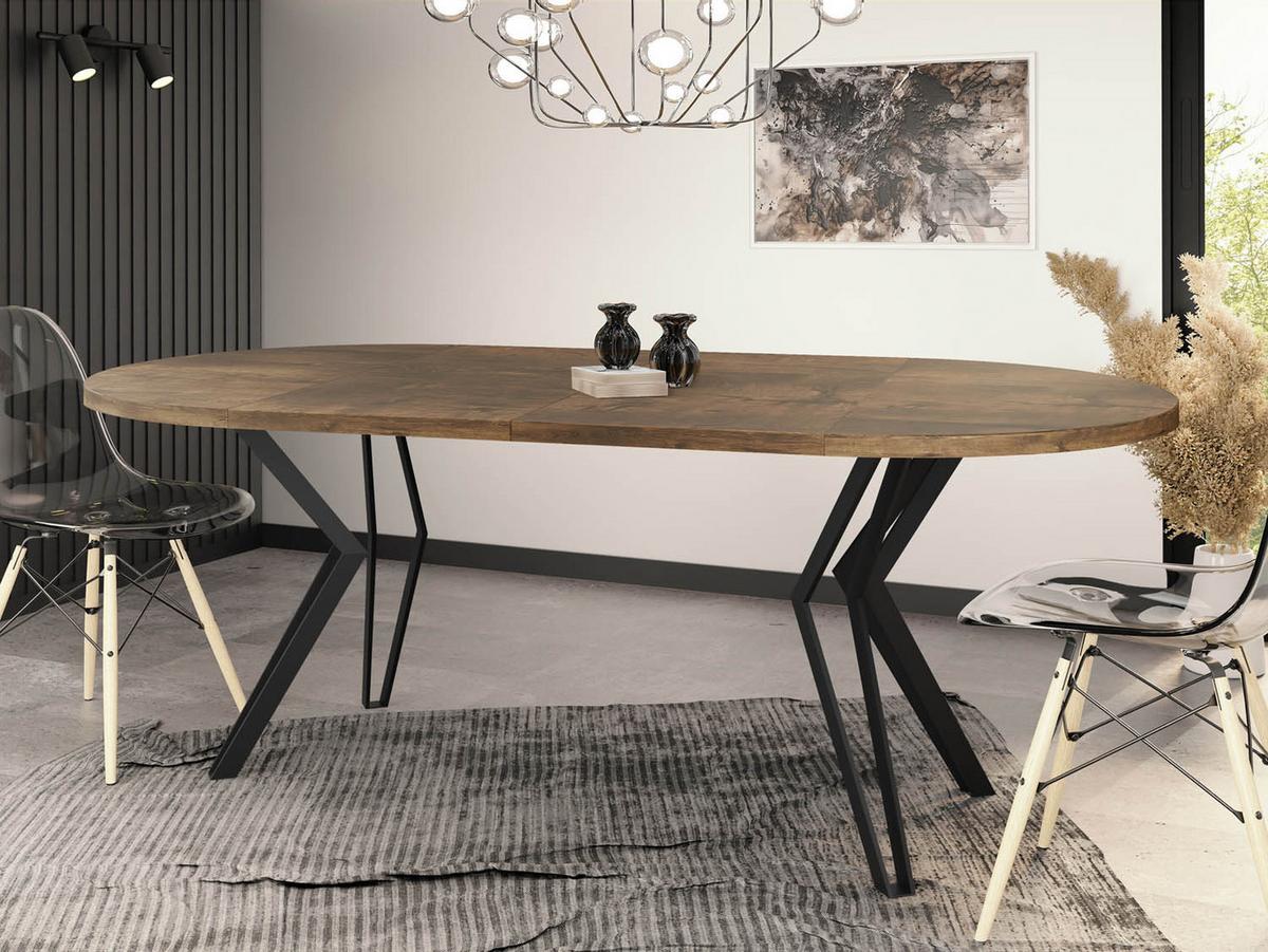 ESSTISCH Revena runder ausziehbarer, Lefkas Eiche 100-180/100/76 cm - Alteiche/Schwarz, Holzwerkstoff/Metall (100/180/76cm) - WFL GROUP