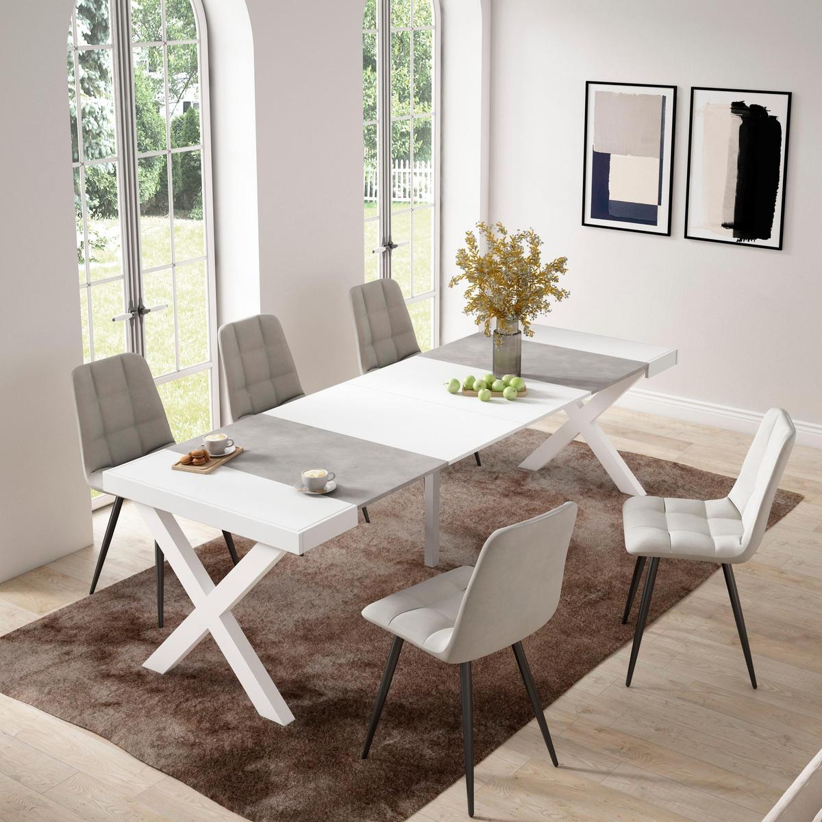 KONSOLENTISCH ausziehbar 58 bis 262cm, für 12 Gäste, weiß zementgrau, 90/58/73cm - Weiß/Grau, Holzwerkstoff (90/262/73cm) - Skraut Home