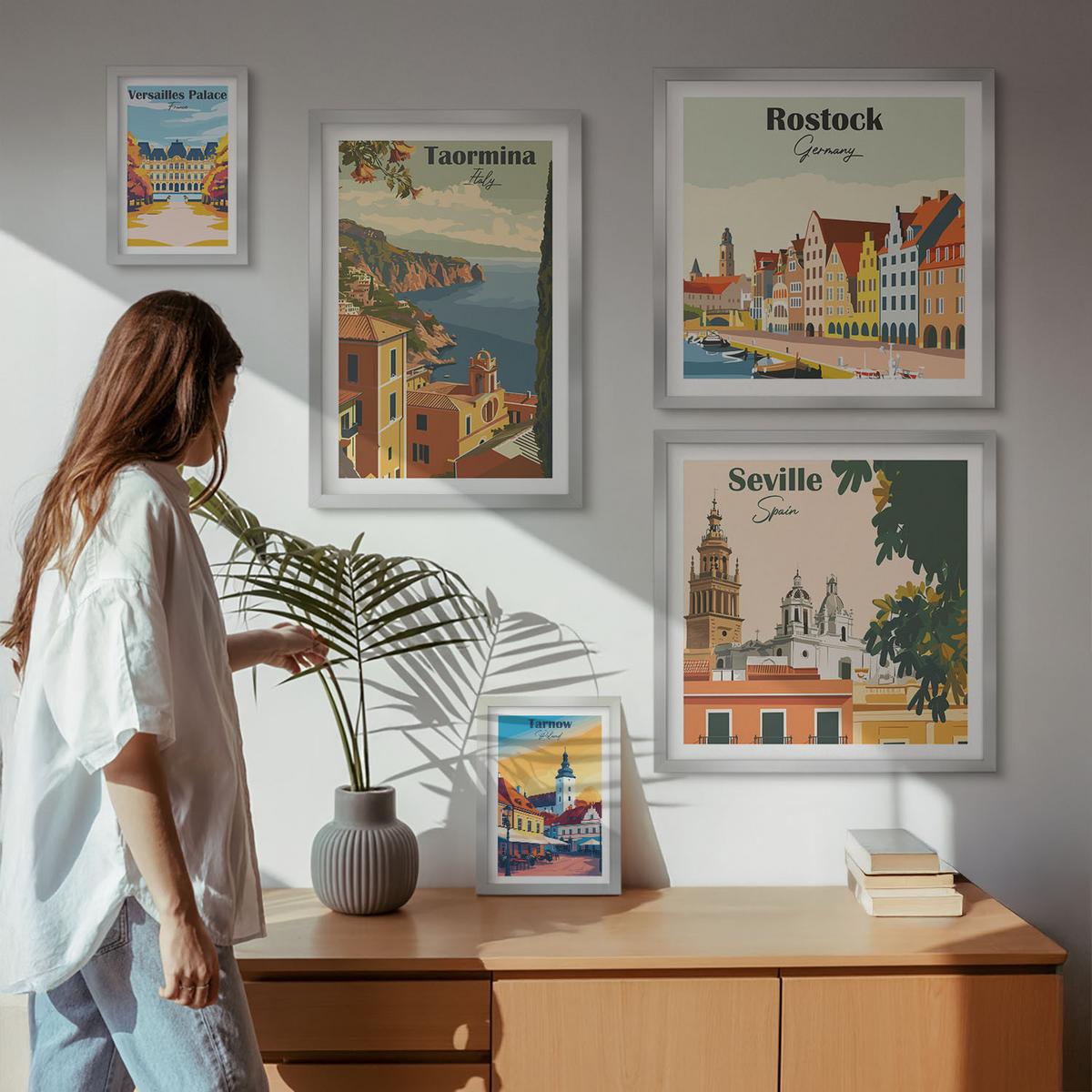 BILDER SET 5er Set - 50x50 cm & 20x30 cm & 40x60 cm Silberner Rahmen - Retro-Stadtgrafiken - Silberfarben, Kunststoff (40/60cm) - TULUP