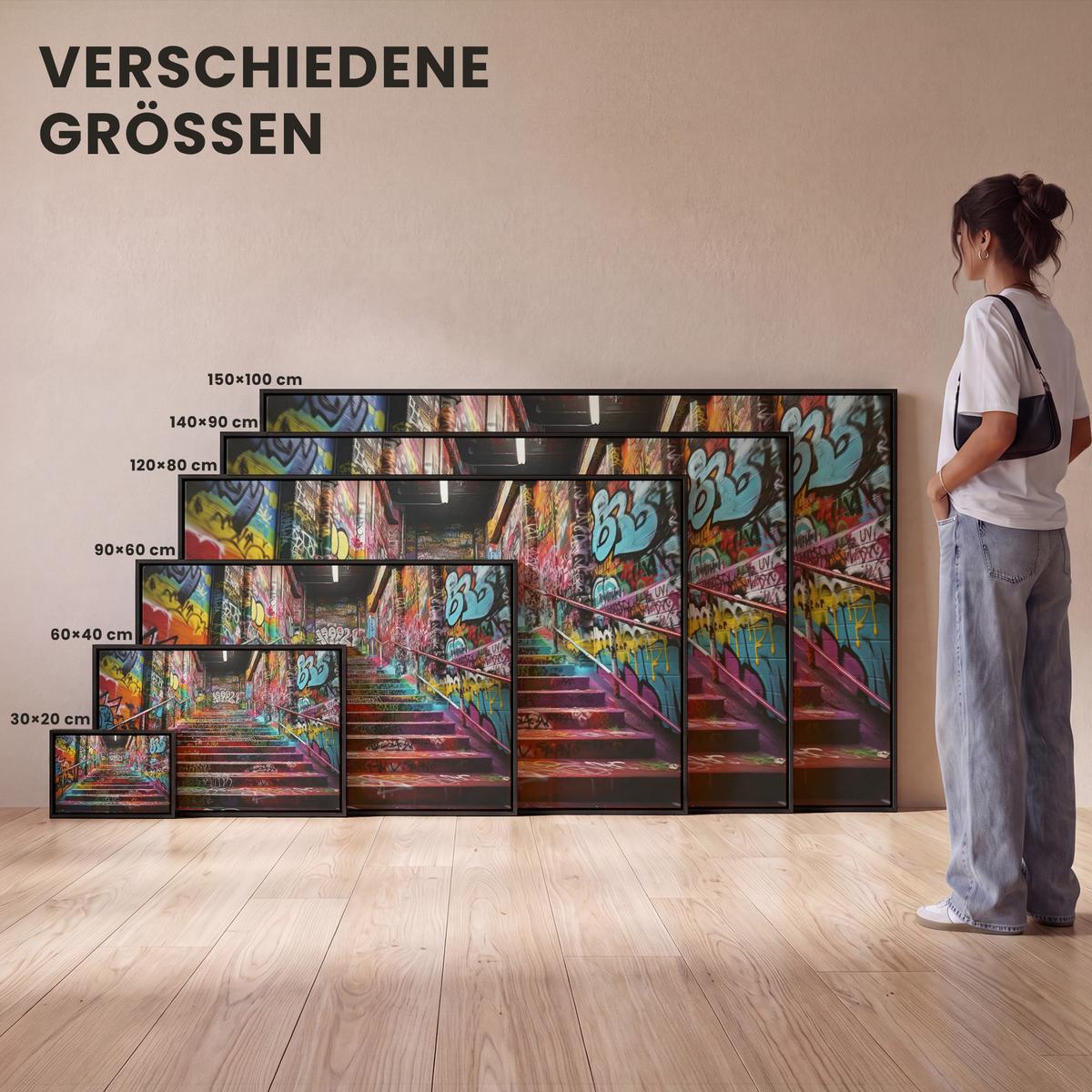 LEINWAND Bilder mit Rahmen - Treppe - Graffiti - Farben - Kunst - 140x90 - Multicolor, Textil (140/90cm) - MuchoWow