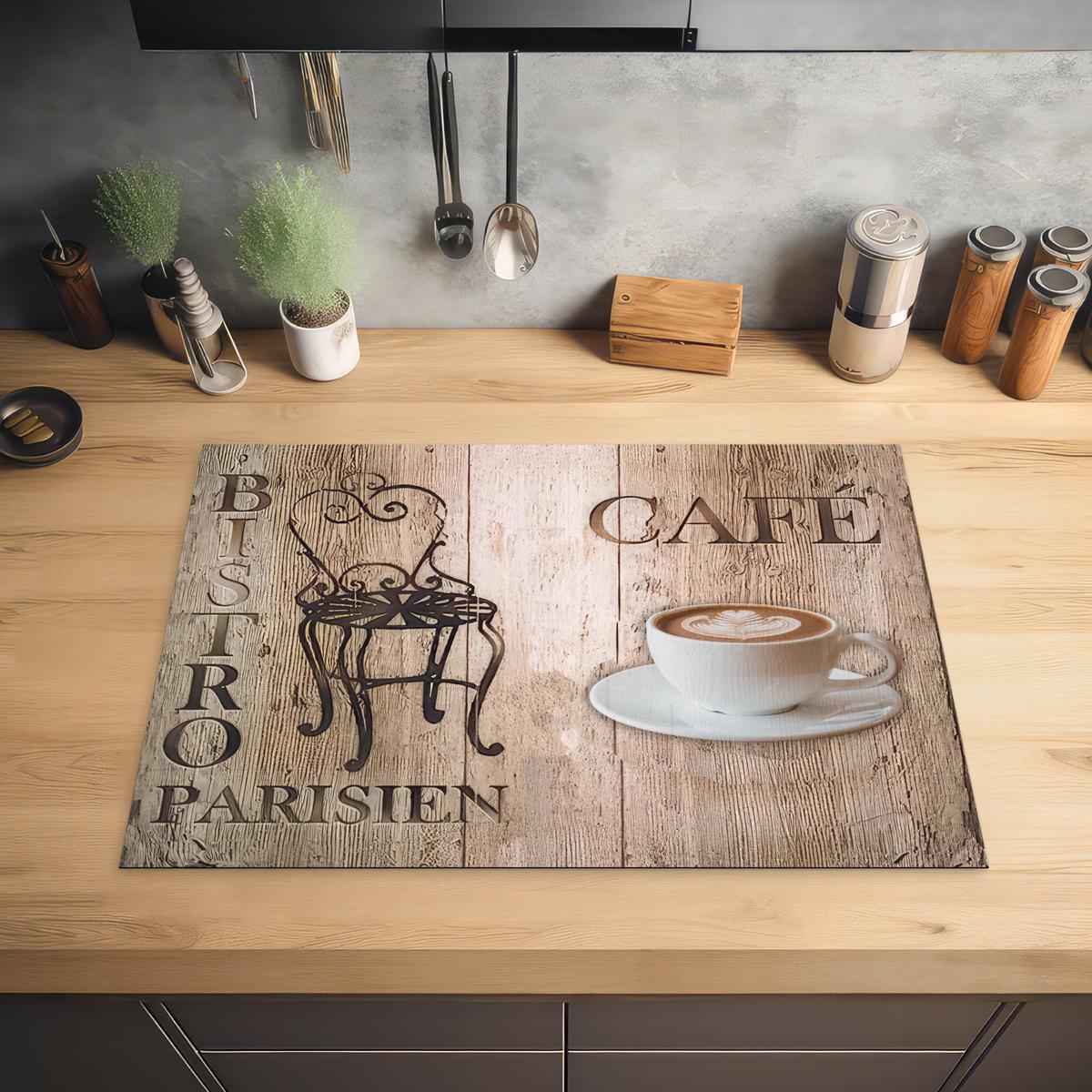 HERDABDECKPLATTE Bistro Parisien - Café - Kaffee - Jahrgang Herdabdeckung Induktionsfeld 75x52 cm - Cappuccino, Kunststoff (75/52/0.2cm) - MuchoWow