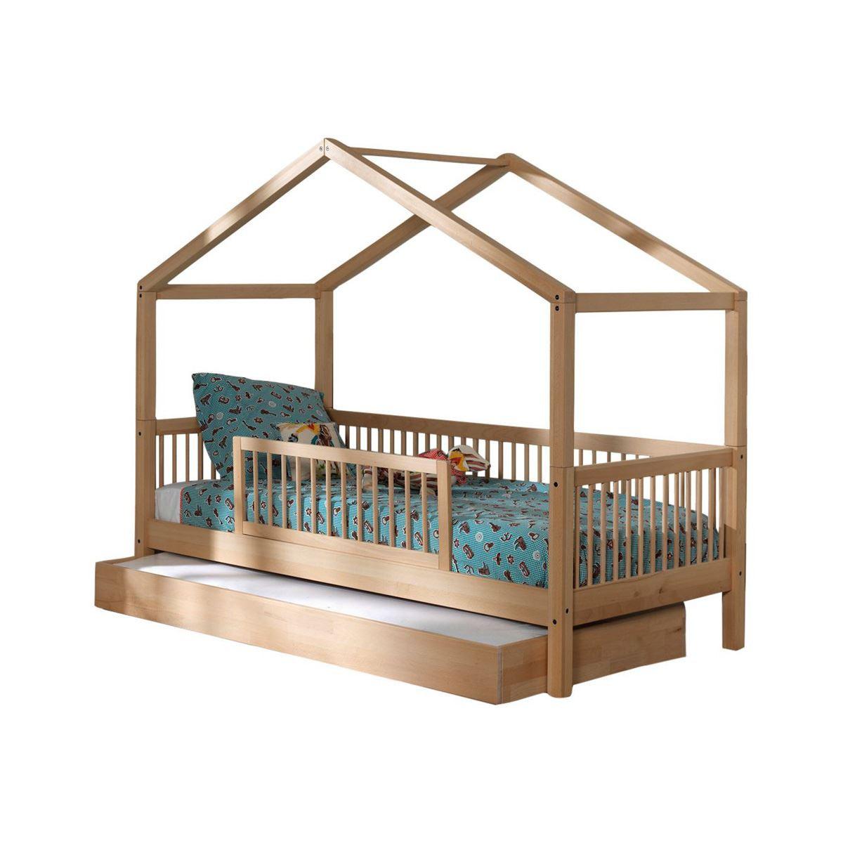 HAUSBETT Kelci 90x200 Bettschublade Absturzschutz Buche massiv natur - Buchefarben, Holz (90/200cm) - 58aufmkessel