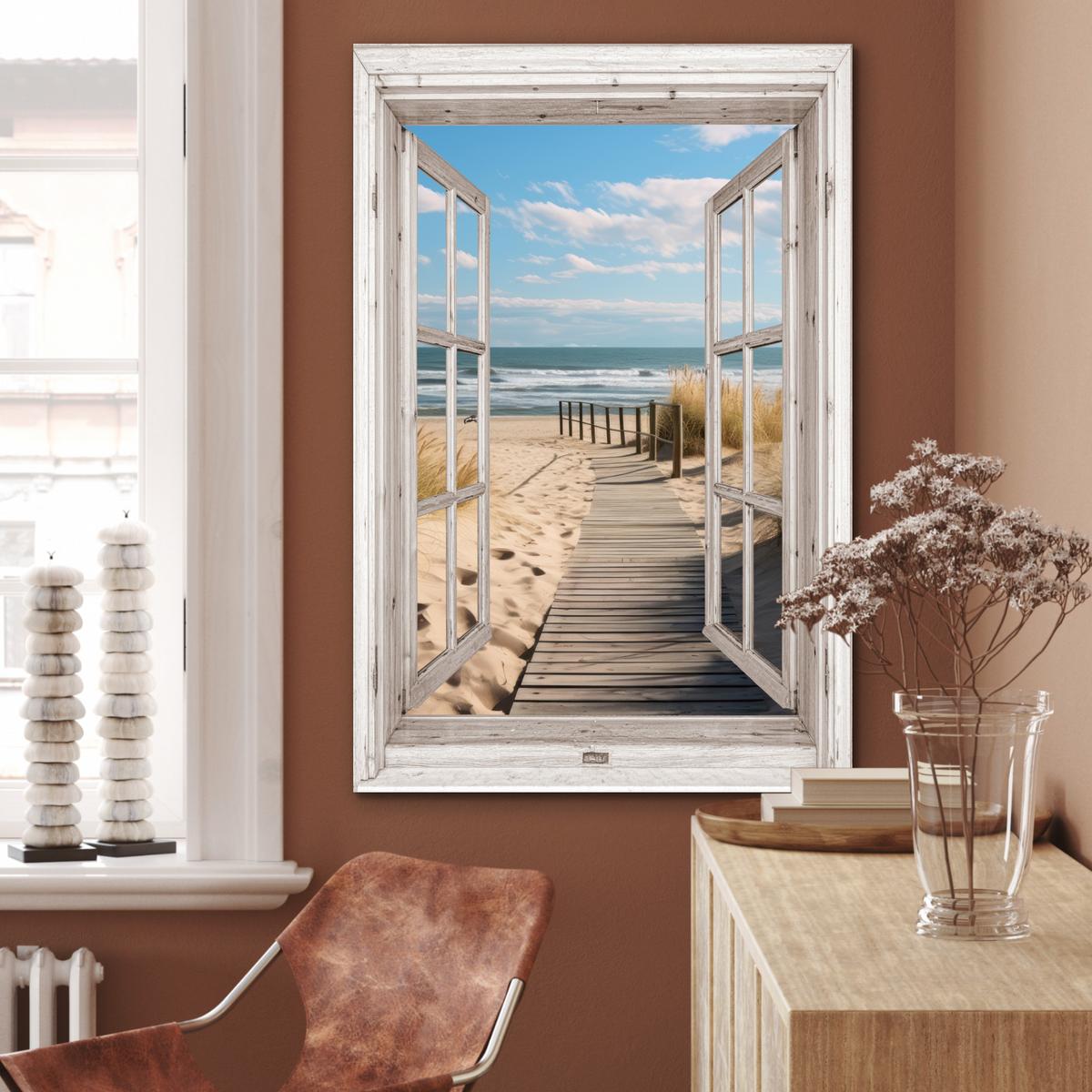 METALLBILD Fenster - Meer - Küste - Natur - Ausblick - Strand - Wattenmeer 80x120 cm - Beige, Metall (80/120cm) - MuchoWow