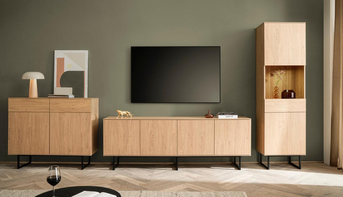 WOHNWAND Stone Eiche, Wohnkombination 3-teilig 400 cm, mit Push-to-Open - Eichefarben/Schwarz, Holzwerkstoff/Metall (400/200/40cm) - Furn.Design