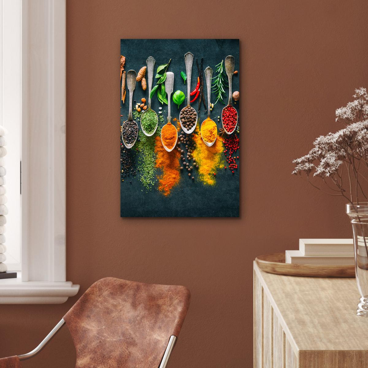METALLBILD Kräuter - Gewürze - Löffel Deko Schlafzimmer 40x60 cm - Currygelb, Metall (40/60cm) - MuchoWow