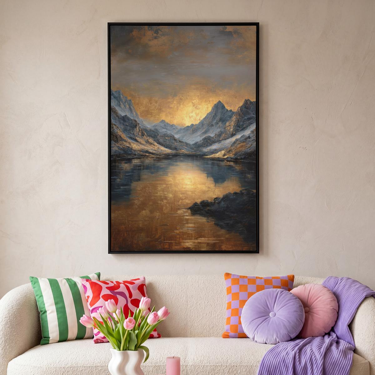 LEINWAND Bilder mit Rahmen - Bergkulisse mit goldenem Sonnenuntergang - 80x120 - Goldfarben, Textil (80/120cm) - MuchoWow