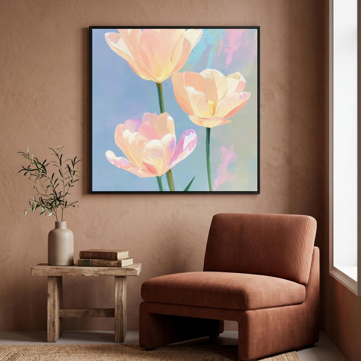 LEINWAND Bilder mit Rahmen - Tulpen - Rosa Akzente - Blau - 90x90 - Pastellblau, Textil (90/90cm) - MuchoWow