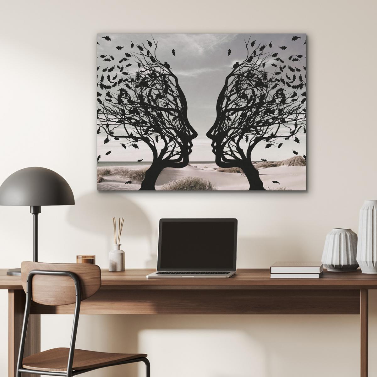 AKUSTIKBILD Strand - Meer - Menschen - Baum - Moderne Kunst Gemälde 80x60 cm - Hellgrau, Kunststoff (80/60/0.9cm) - MuchoWow