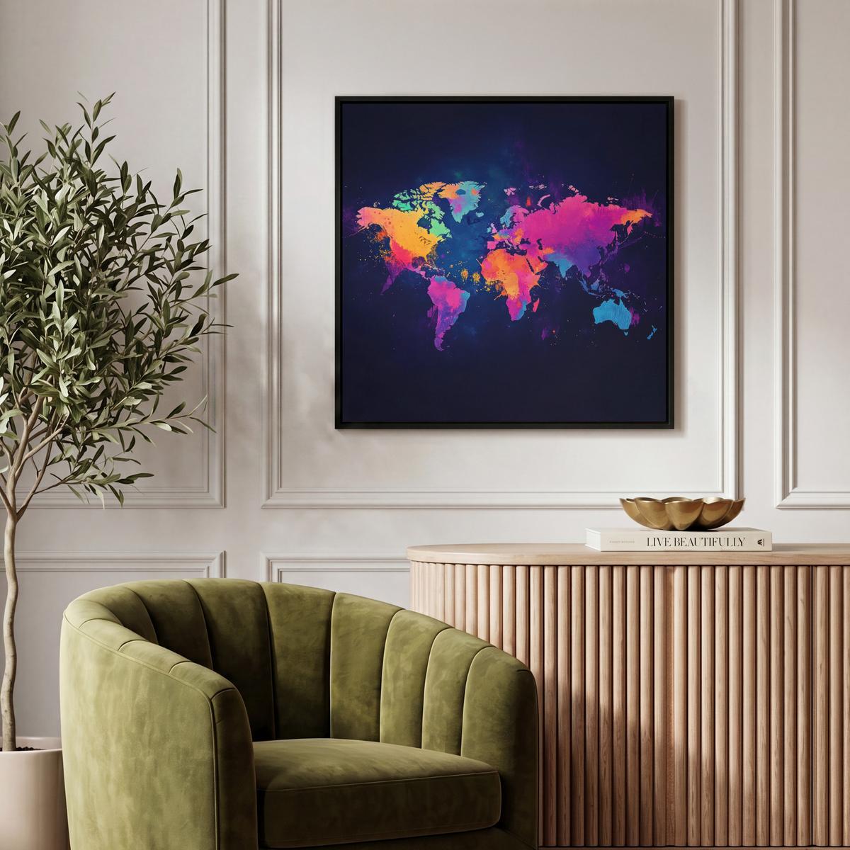 LEINWAND Bilder mit Rahmen - Weltkarte - Bunt - Graffiti - 50x50 - Multicolor, Textil (50/50cm) - MuchoWow