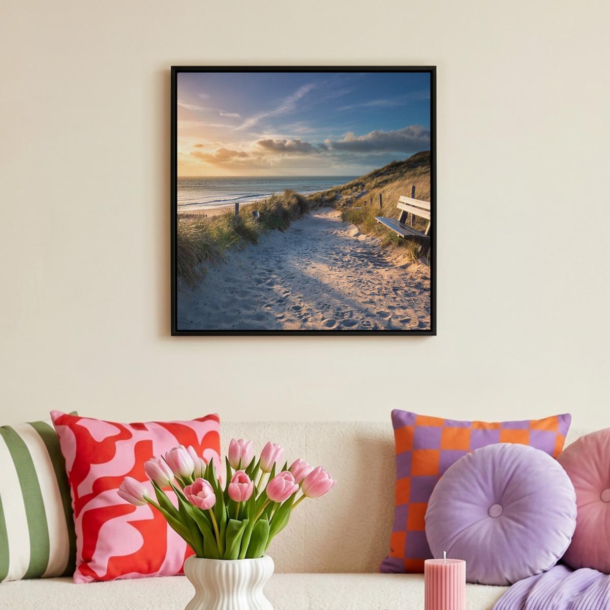 LEINWAND Bilder mit Rahmen - Sonnenuntergang - Strand - Düne - Gras - Ufer - 50x50 - Sandfarben, Textil (50/50cm) - MuchoWow