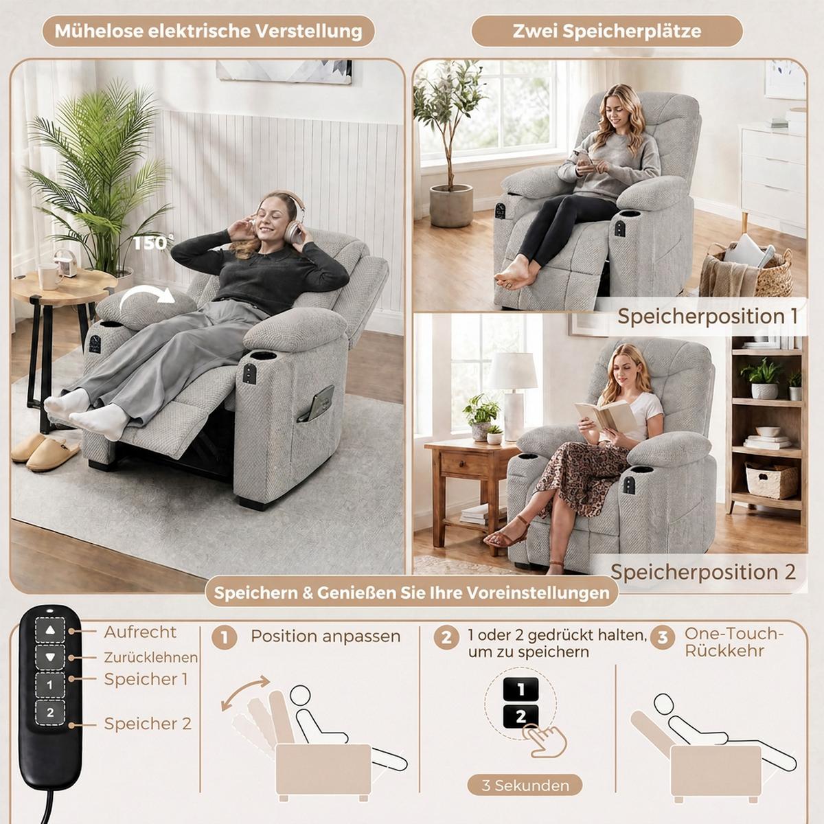 ELEKTRISCHER-RELAXSESSEL Samt Metall Grau - Schwarz/Grau, Textil/Metall (90/105/96cm) - HOMCOM