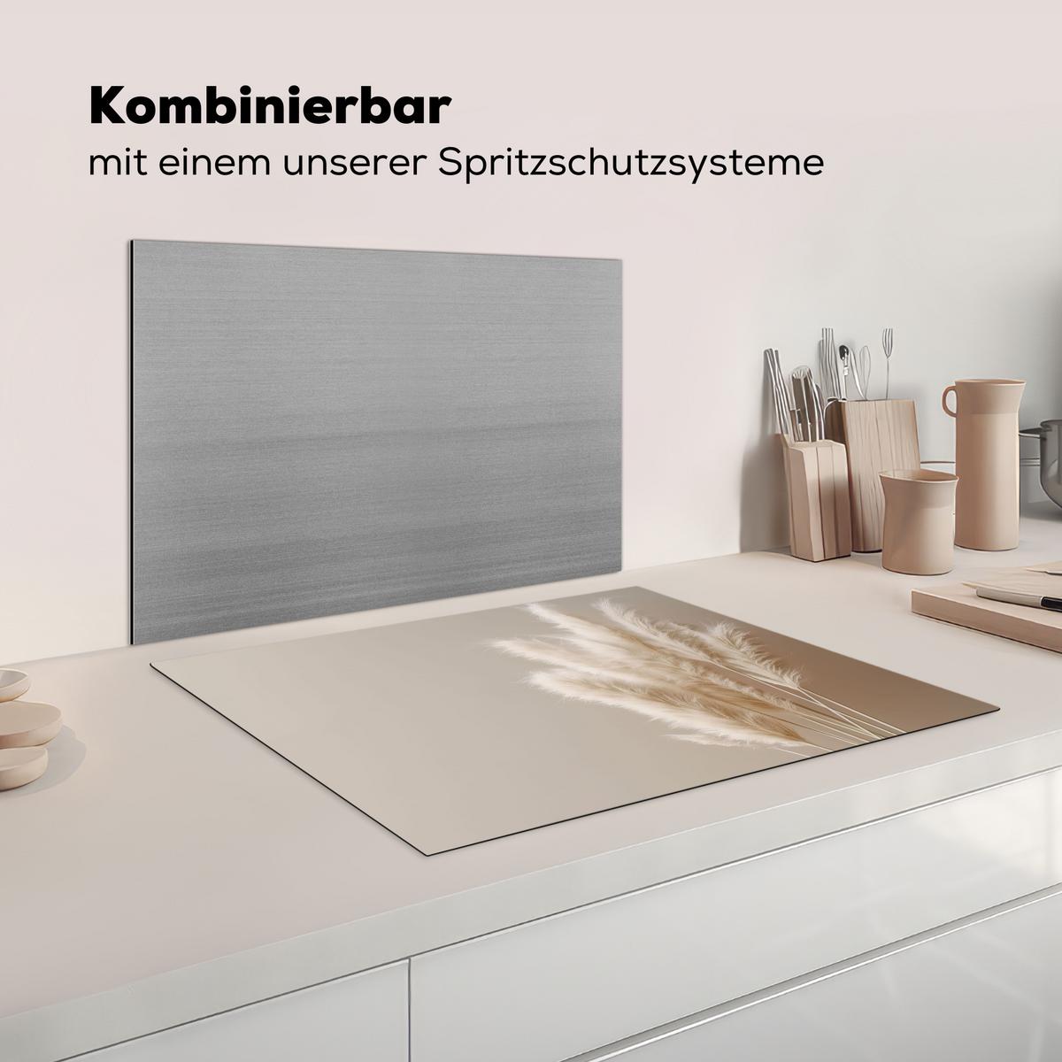HERDABDECKPLATTE Pampasgras - Federn - Pastell - Weiß Herdabdeckung Induktionsfeld 70x52 cm - Creme, Kunststoff (70/52/0.2cm) - MuchoWow