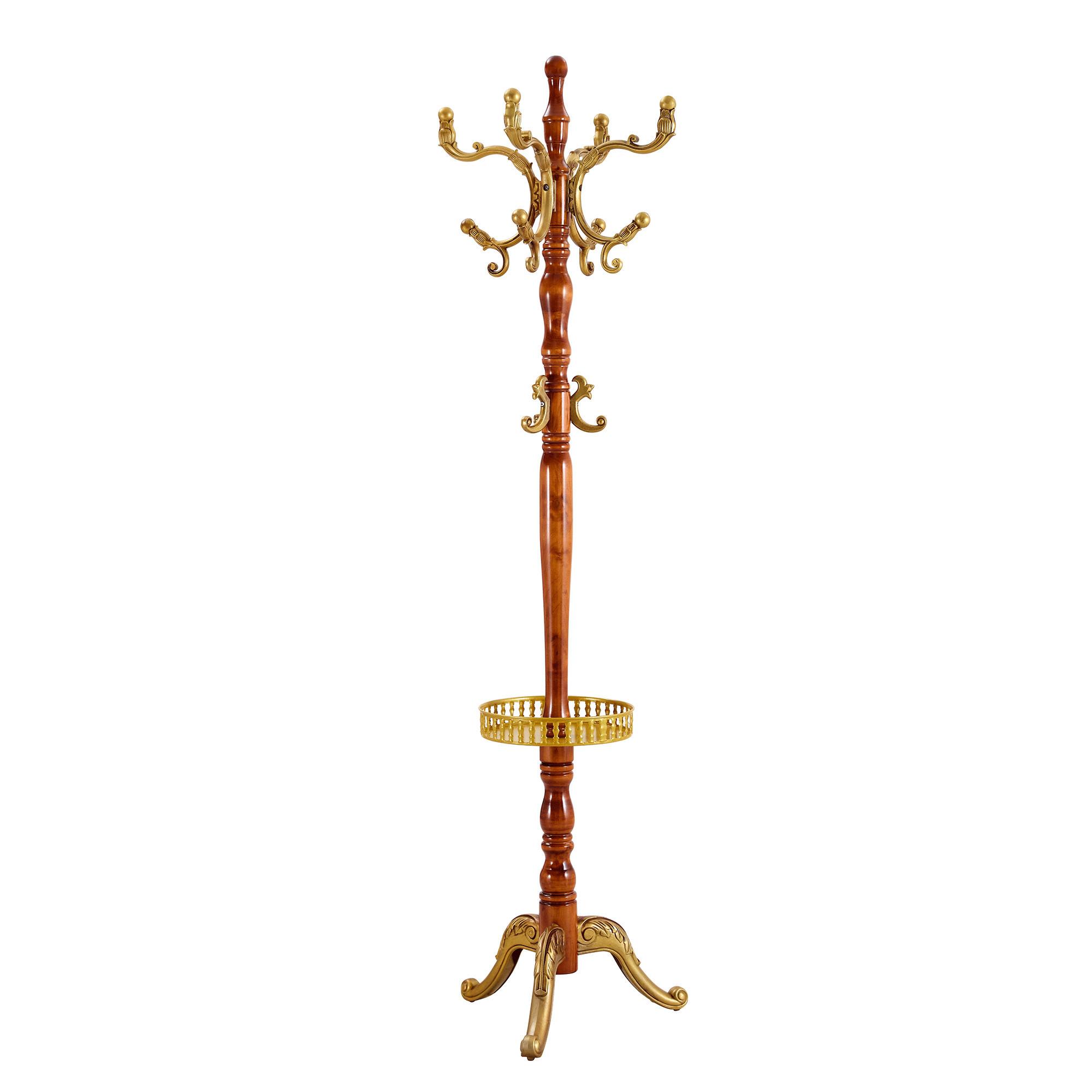 GARDEROBENSTÄNDER massivholz in holz- & gold-optik mit regenschirmhalter und mehrstöckigen haken - Eichefarben, Holz (50/195/50cm) - Urban Meuble
