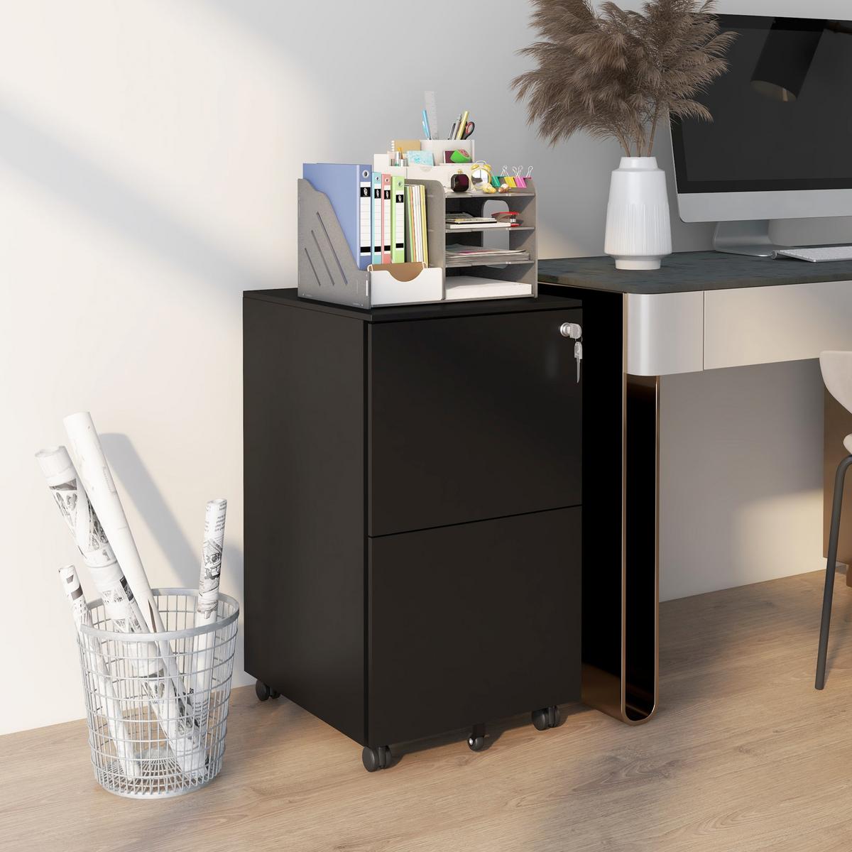AKTENSCHRANK mit 2 Schubladen, Rollen, für A4 Akten, Dokumente, Stahl, Schwarz - Schwarz, Metall (43.5/67.5/37cm) - Vinsetto