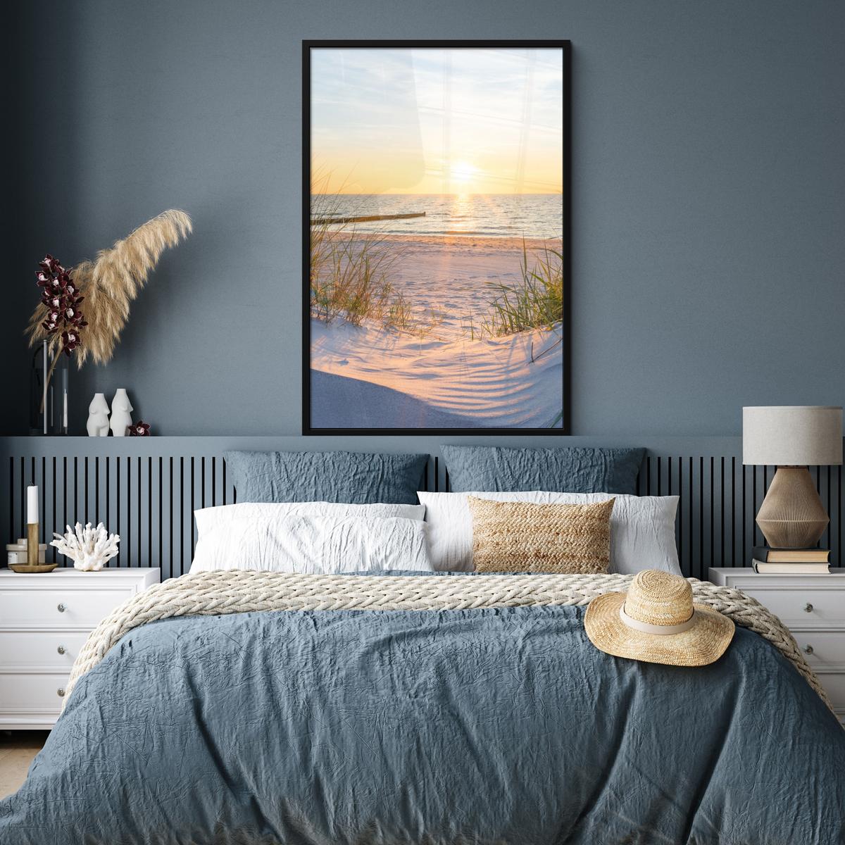 POSTER MIT RAHMEN Strand - Sonne - Düne - Gras - Sand - Horizont Bilderleiste 80x120 cm - Hellblau, Papier (80/120cm) - MuchoWow