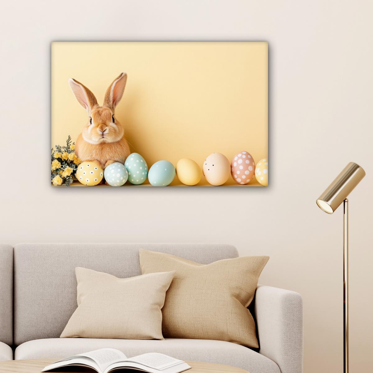 LEINWANDBILD Eier - Kaninchen - Pastellfarbtöne Gemälde 60x40 cm - Hellgelb, Textil (60/40cm) - MuchoWow