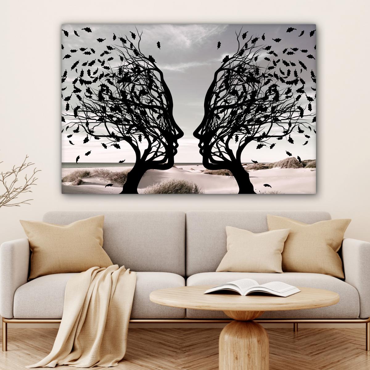 LEINWANDBILD Strand - Meer - Menschen - Baum - Moderne Kunst XXL 150x100 cm - Hellgrau, Textil (150/100cm) - MuchoWow
