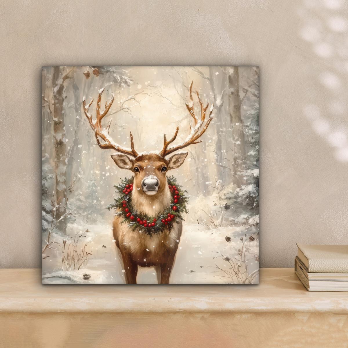LEINWANDBILD Weihnachten - Rentier - Winter - Kranz Deko Wohnzimmer 20x20 cm - Naturfarben, Textil (20/20cm) - MuchoWow